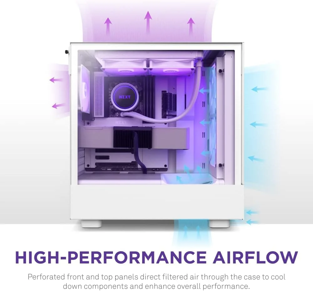 کیس کامپیوتر گیمینگ NZXT H5 Flow RGB Compact ATX Mid-Tower - پنل جلویی مشبک با جریان هوای بالا - پنل جانبی شیشه ای حرارت دیده - مدیریت کابل - 2 عدد فن F140 RGB Core - پشتیبانی از رادیاتور 280 میلی متری - سفید