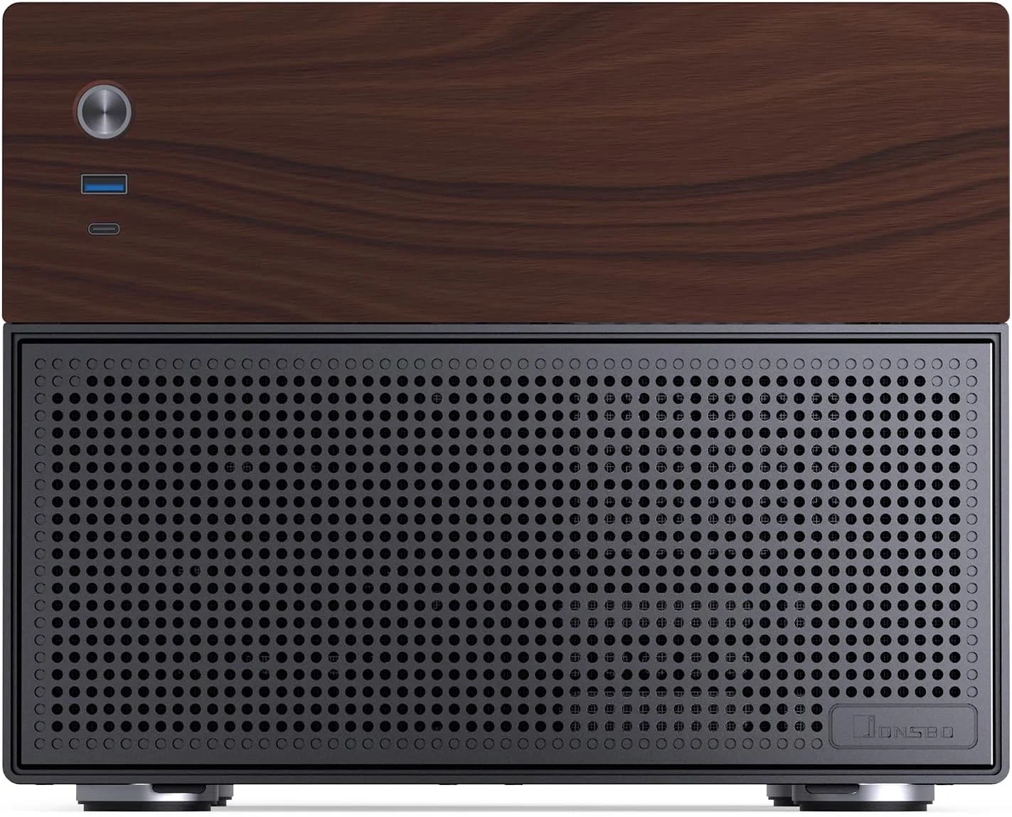 کیس کامپیوتر NAS مدل JONSBO N4 مشکی، چوب گردو، 8 جایگاه درایو/6 * 3.5 اینچی HDD (4 عدد تعویض سریع، 2 عدد غیر تعویض سریع)، 2 * 2.5 اینچی SSD، شاسی Micro ATX، USB3.2Gen2Type-C، 1 عدد فن 120 میلی متری داخلی، مشکی