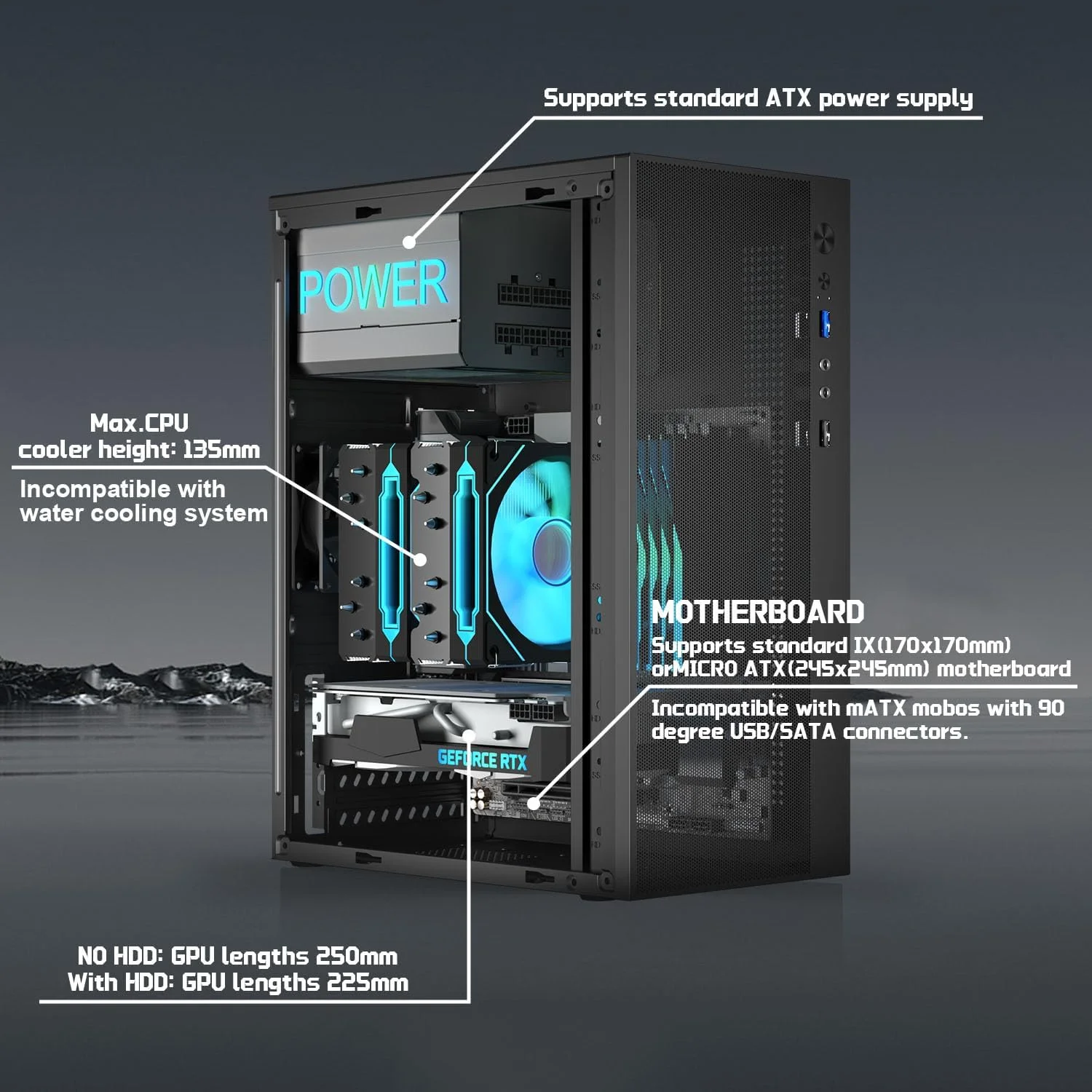 کیس Micro ATX، کیس Mini ITX با پورت USB3.0، پورت ورودی/خروجی USB2.0 و پاورهای ATX استاندارد، طراحی جریان هوای تهویه شده پنل جانبی matx، با فیلتر توری گرد و غبار، مشکی