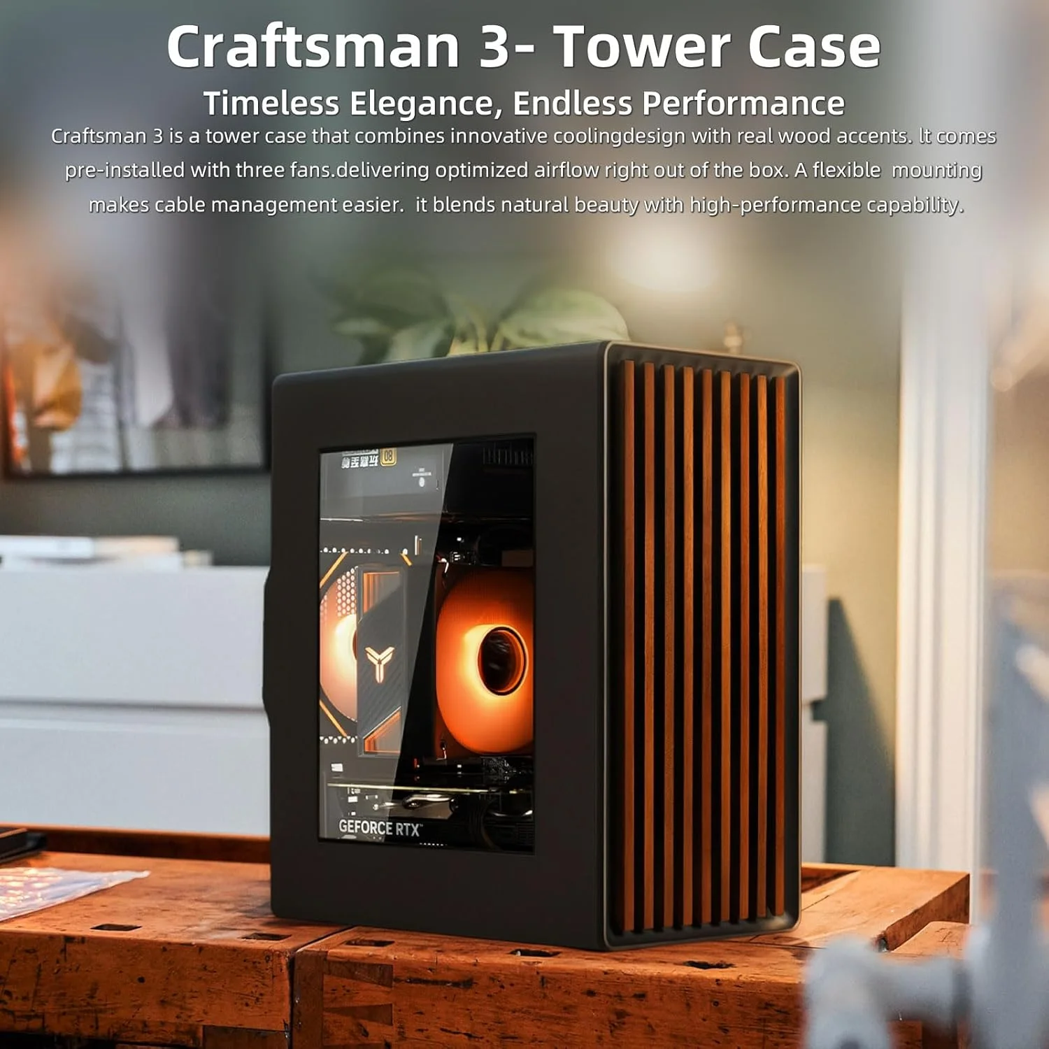 کیس کامپیوتر گیمینگ مشکی با پنل جلویی چوبی و پنل جانبی توری - شامل 3 فن خنک کننده LED 120 میلی متری، پشتیبانی از مادربردهای M-ATX و ITX، پورت HD Audio، USB3.0x1، USB2.0x1.
