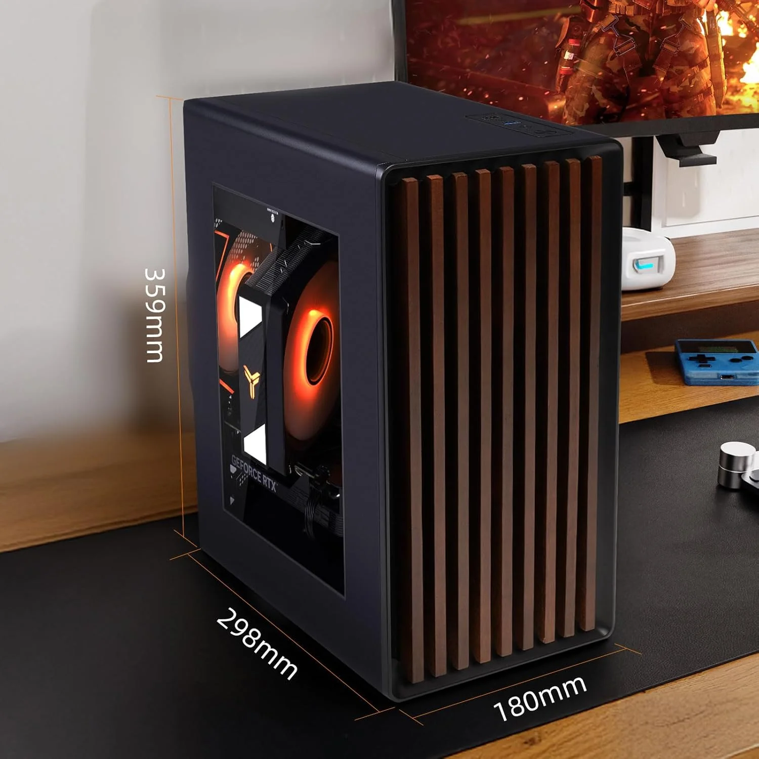 کیس کامپیوتر گیمینگ مشکی با پنل جلویی چوبی و پنل جانبی توری - شامل 3 فن خنک کننده LED 120 میلی متری، پشتیبانی از مادربردهای M-ATX و ITX، پورت HD Audio، USB3.0x1، USB2.0x1.