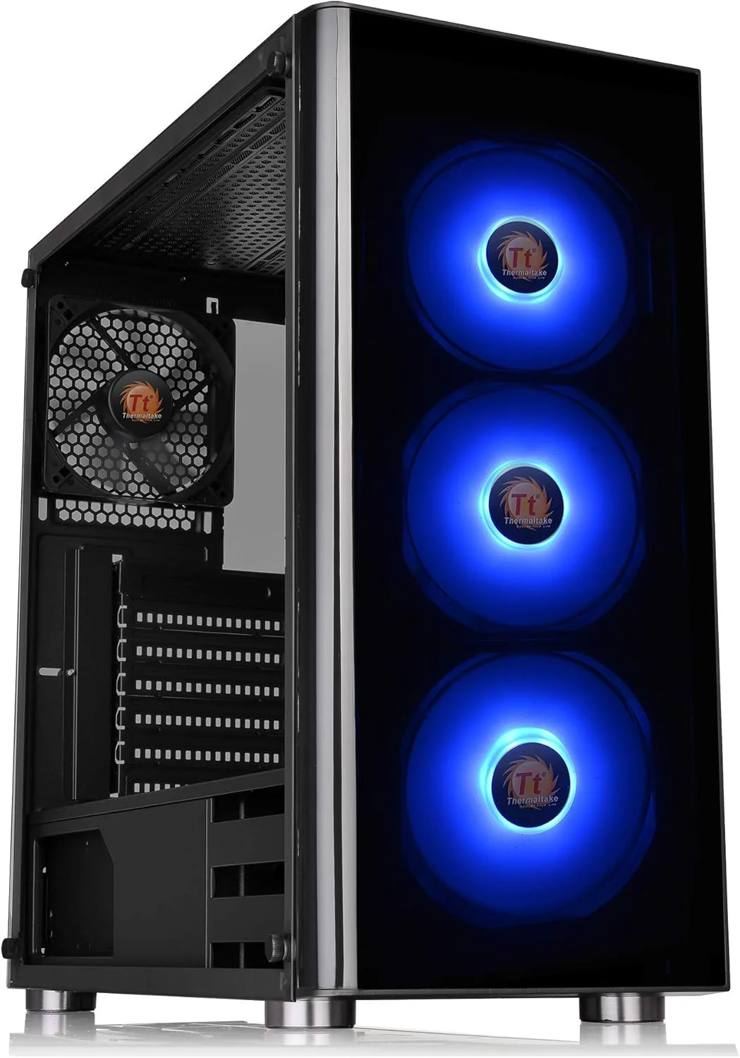 کیس مید تاور Thermaltake V200 با شیشه حرارت دیده و نورپردازی RGB، قابلیت همگام سازی با مادربرد 12 ولت، به همراه 3 فن 120 میلی متری RGB و 1 فن مشکی 120 میلی متری از پیش نصب شده مدل CA-1K8-00M1WN-01