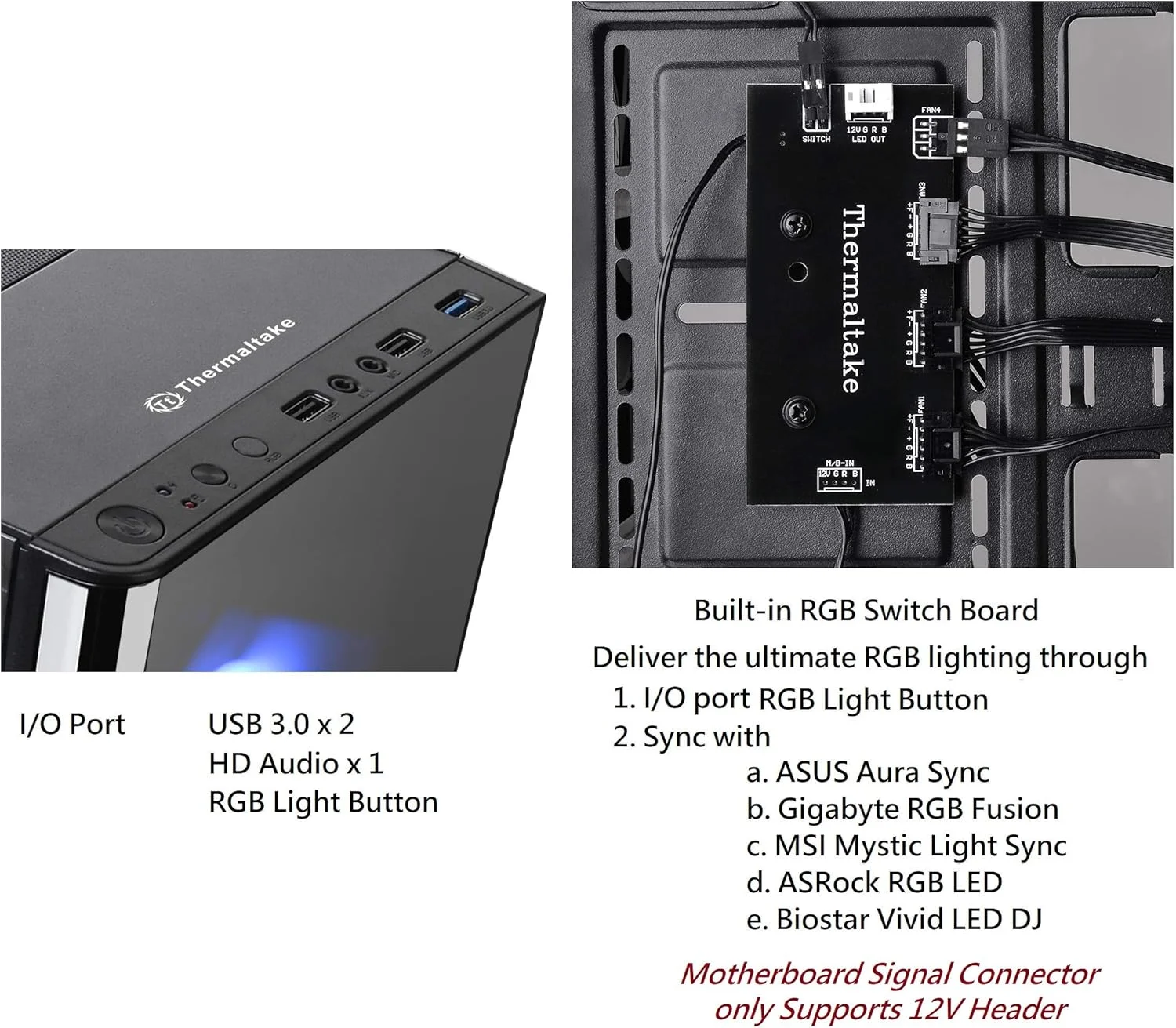 کیس مید تاور Thermaltake V200 با شیشه حرارت دیده و نورپردازی RGB، قابلیت همگام سازی با مادربرد 12 ولت، به همراه 3 فن 120 میلی متری RGB و 1 فن مشکی 120 میلی متری از پیش نصب شده مدل CA-1K8-00M1WN-01