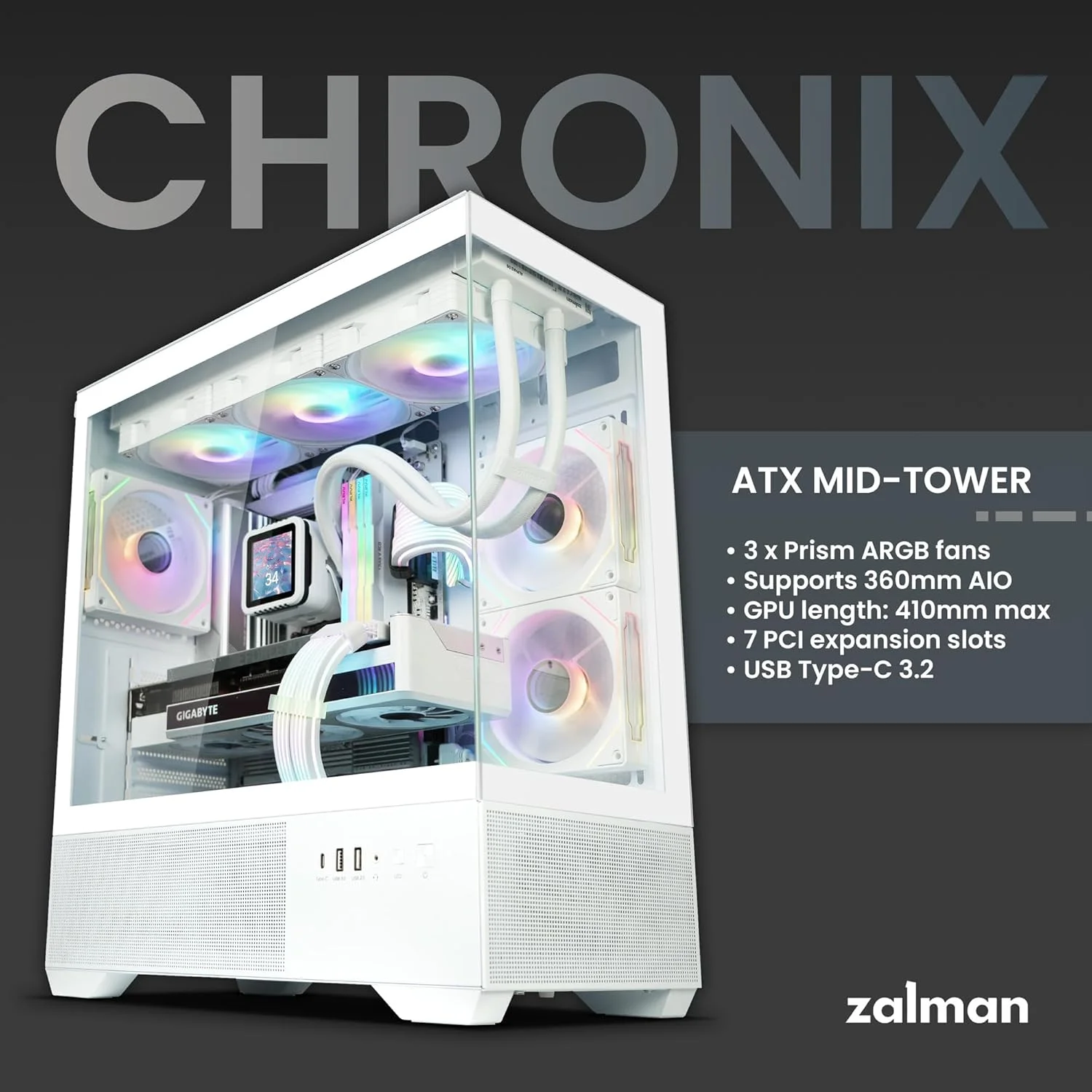 کیس کامپیوتر گیمینگ مید-تاور ATX زالمن Chronix، شامل 3 فن ARGB، پورت USB Type-C، پشتیبانی از رادیاتور 360 میلیمتری در بالا و 240 میلیمتری در کنار، شیشه حرارت دیده پانوراما، مدیریت کابل، شاسی کامپیوتر رومیزی، سفید کیس کامپیوتر گیمینگ مید-تاور ATX زالمن Chronix، شامل 3 فن ARGB، پورت USB Type-C، پشتیبانی از رادیاتور 360 میلیمتری در بالا و 240 میلیمتری در کنار، شیشه حرارت دیده پانوراما، مدیریت کابل، شاسی کامپیوتر رومیزی، سفید