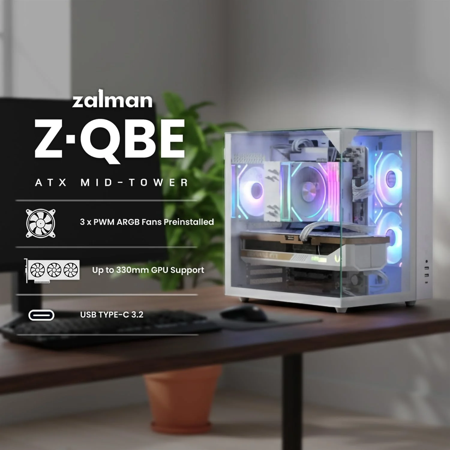 کیس کامپیوتر گیمینگ مید-تاور Zalman ZQBE ATX، دارای 3 فن 120 میلی‌متری PWM ARGB به همراه هاب چند پورت PWM/کنترلر ARGB، پنل‌های شیشه‌ای حرارت دیده پانوراما سه طرفه، USB Type-C 3.2، سفید