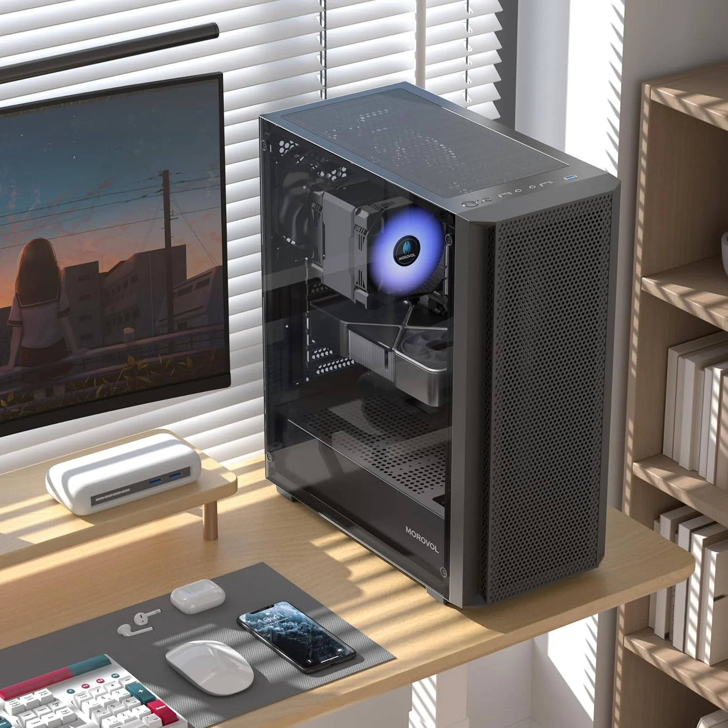 کیس کامپیوتر ATX، کیس مید تاور با پنل جلویی مشبک، 4 فن از پیش نصب شده، USB 3.0، کیس گیمینگ شیشه حرارت دیده، کیس ATX مشکی (P5)