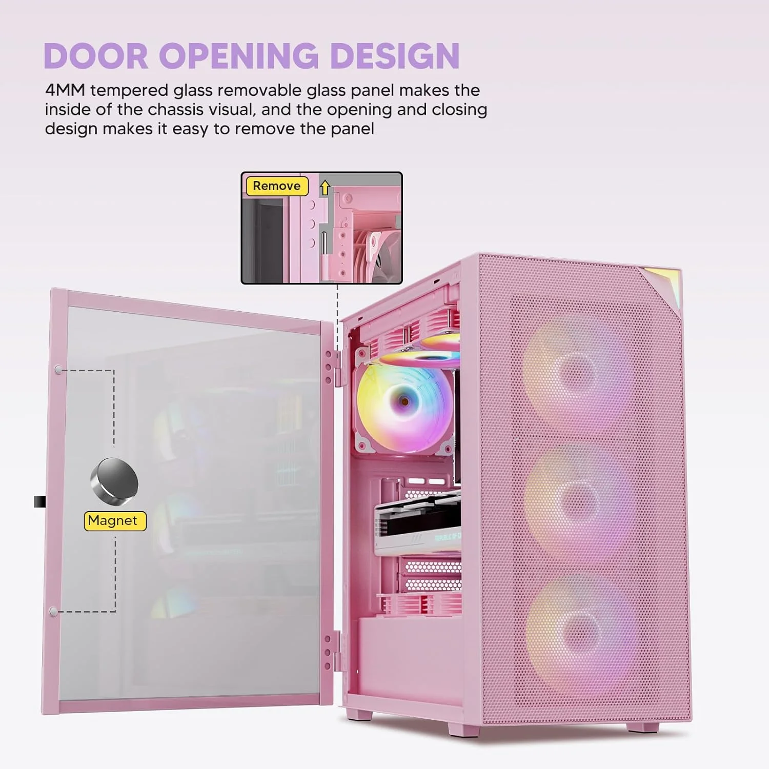 کیس کامپیوتر میان برج Vetroo AL800 ATX - طراحی درب بازشو شیشه ای حرارت دیده، نوار LED قابل تنظیم، فن ARGB و PWM FDB از پیش نصب شده در عقب، پشتیبانی از کارت گرافیک های سری 50 - صورتی