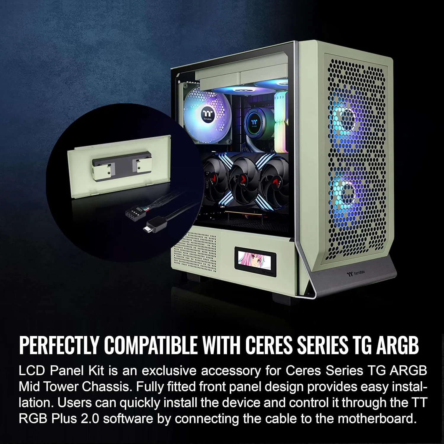 کیت پنل ال سی دی Thermaltake Ceres Series، سبز ماتچا، نمایشگر ال سی دی 3.9 اینچی، پشتیبانی شده توسط نرم افزار TT RGB Plus 2.0، ارائه اطلاعات در زمان واقعی، سفارشی سازی آسان، AC-064-OOENAN-A1