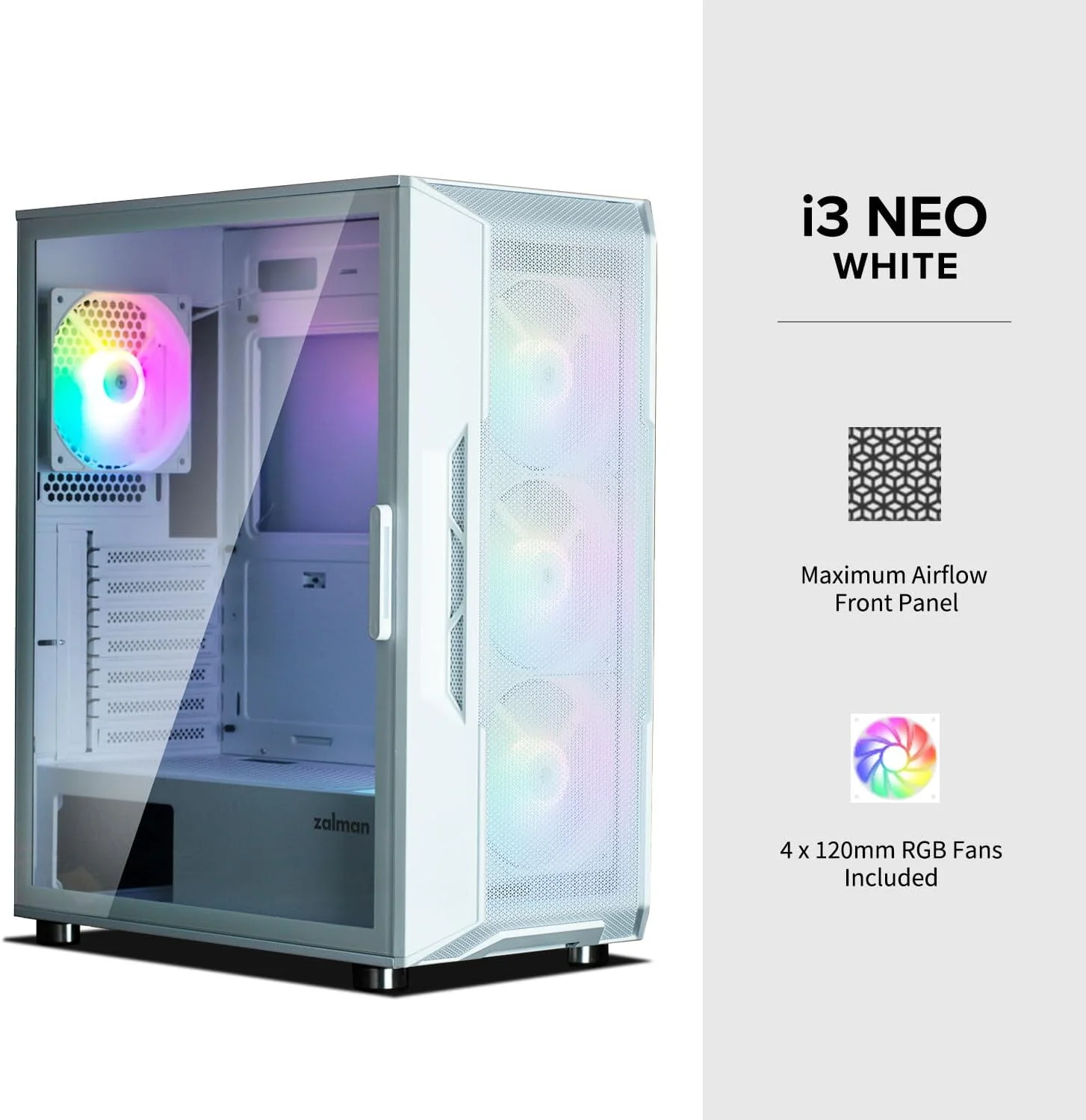 کیس کامپیوتر گیمینگ مید تاور ATX زالمن i3 NEO - دارای 4 فن 120 میلیمتری RGB ثابت از پیش نصب شده، پنل جلویی مشبک برای جریان هوای بالا، پنل جانبی شیشه حرارت دیده، پشتیبانی از رادیاتور 360 میلیمتری، سفید کیس کامپیوتر گیمینگ مید تاور ATX زالمن i3 NEO - دارای 4 فن 120 میلیمتری RGB ثابت از پیش نصب شده، پنل جلویی مشبک برای جریان هوای بالا، پنل جانبی شیشه حرارت دیده، پشتیبانی از رادیاتور 360 میلیمتری، سفید