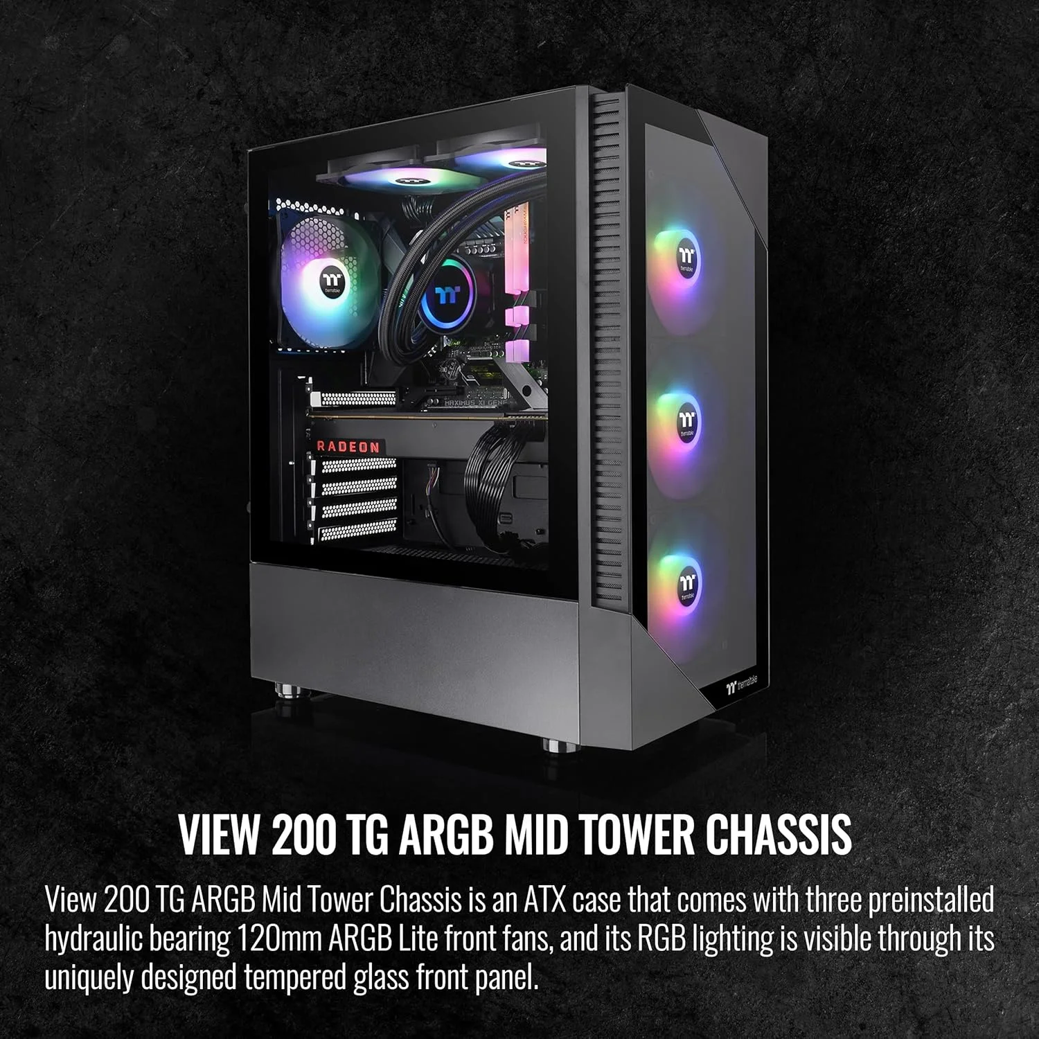 کیس کامپیوتر Thermaltake View 200 TG ARGB Mid Tower با قابلیت همگام‌سازی با مادربرد ATX، شیشه حرارت دیده و سه فن 120 میلی‌متری ARGB در جلو، مدل CA-1X3-00M1WN-00