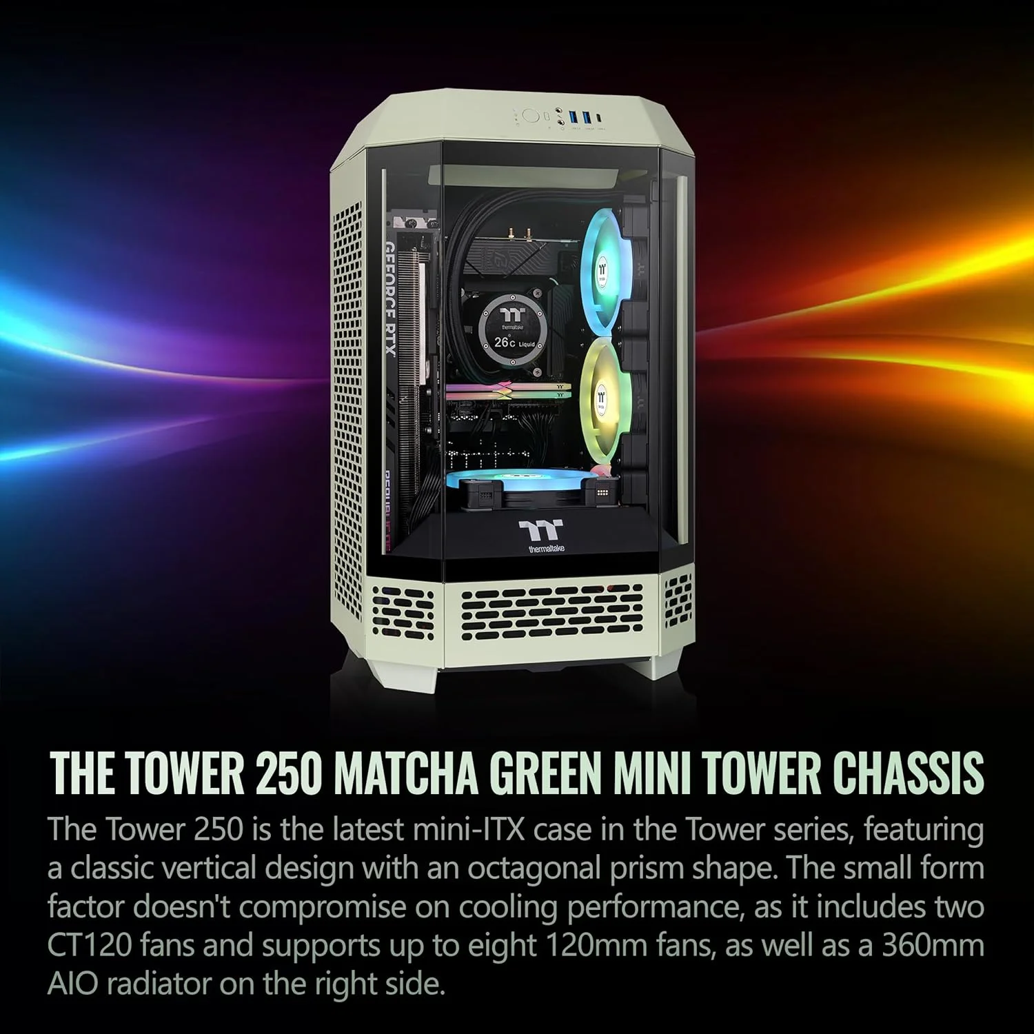 کیس مینی تاور Thermaltake Tower 250 Matcha Green Mini-ITX؛ شامل 2 عدد فن 120 میلی‌متری CT؛ پشتیبانی از رادیاتور 360 میلی‌متری؛ فضای نصب کارت گرافیک 360 میلی‌متری؛ طراحی دو محفظه‌ای; CA-1Z9-00SEWN-00