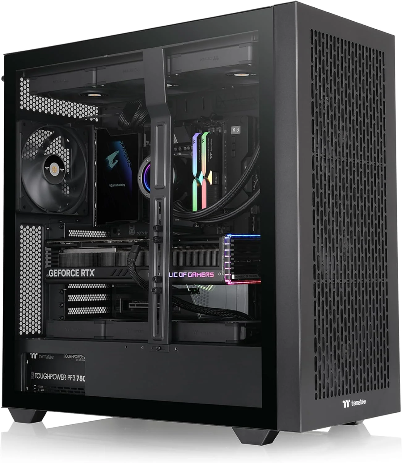 کیس فول تاور Thermaltake AX500 TG؛ شامل 4 عدد فن 140 میلی‌متری CT؛ پشتیبانی از SSI-EEB/SSI-CEB/E-ATX؛ پشتیبانی از رادیاتور 420 میلی‌متری؛ فضای نصب کارت گرافیک 460 میلی‌متری؛ پشتیبانی از حداکثر 5 درایو 3.5 اینچی یا 6 درایو 2.5 اینچی؛ کانکتور مخفی؛ CA-11D-00F1WN-00