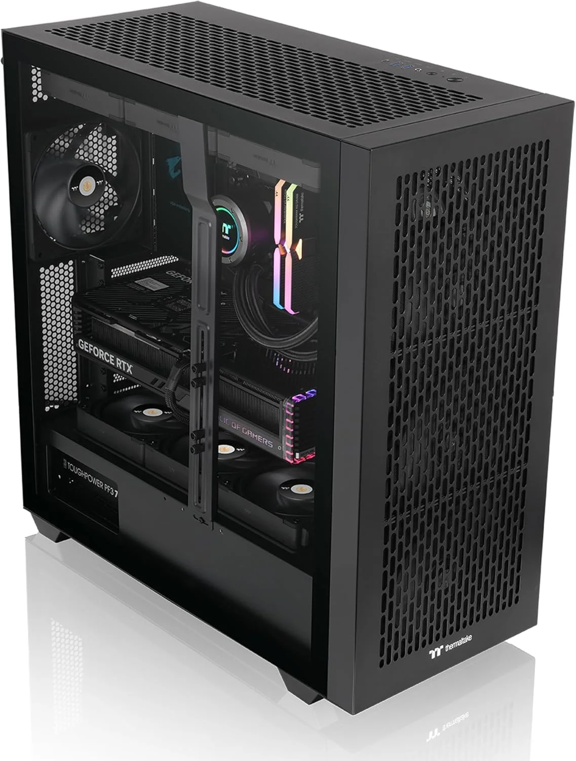 کیس فول تاور Thermaltake AX500 TG؛ شامل 4 عدد فن 140 میلی‌متری CT؛ پشتیبانی از SSI-EEB/SSI-CEB/E-ATX؛ پشتیبانی از رادیاتور 420 میلی‌متری؛ فضای نصب کارت گرافیک 460 میلی‌متری؛ پشتیبانی از حداکثر 5 درایو 3.5 اینچی یا 6 درایو 2.5 اینچی؛ کانکتور مخفی؛ CA-11D-00F1WN-00