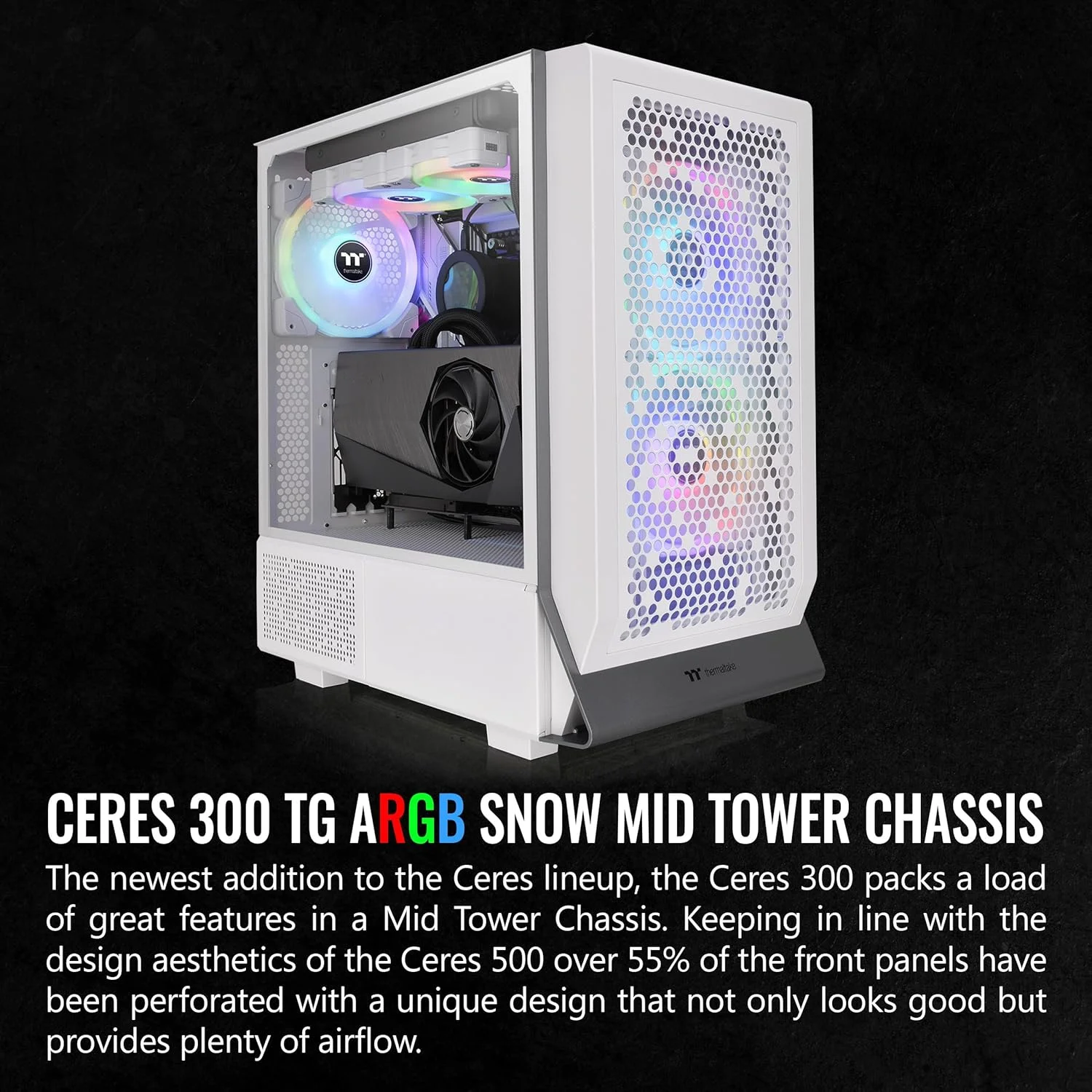 کیس کامپیوتر Thermaltake Ceres 300 Snow Edition Mid Tower E-ATX با پنل شیشه ای حرارت دیده; دارای 2 فن CT140 ARGB از پیش نصب شده; اسلات های PCIe چرخشی; CA-1Y2-00M6WN-00