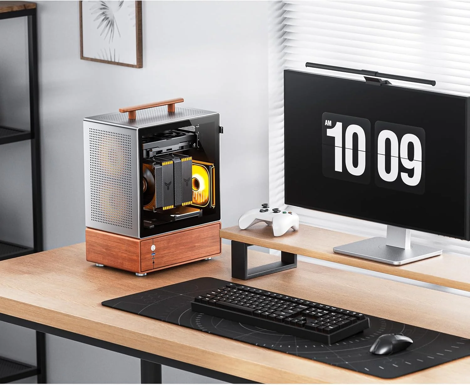 کیس کامپیوتر JONSBO T7 نقره ای Micro ATX، شاسی آلومینیومی، با دستگیره چند منظوره، کیس کامپیوتر رومیزی روکش چوب جامد، MB:MicroATX/ITX، GPU 280mm، PSU ATX 220mm، قرارگیری در سمت چپ نقره ای