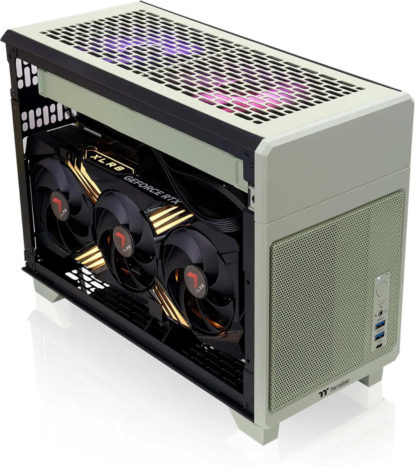 کیس Thermaltake TR100 SFF; پشتیبانی از mITX; حجم 18.9 لیتر; دارای کابل رایزر PCIe 4.0; پشتیبانی از کارت گرافیک تا طول 360mm; پشتیبانی از رادیاتور 280mm; براکت PCIe جداشدنی; رنگ سبز ماتچا; CA-11A-00SENN-00