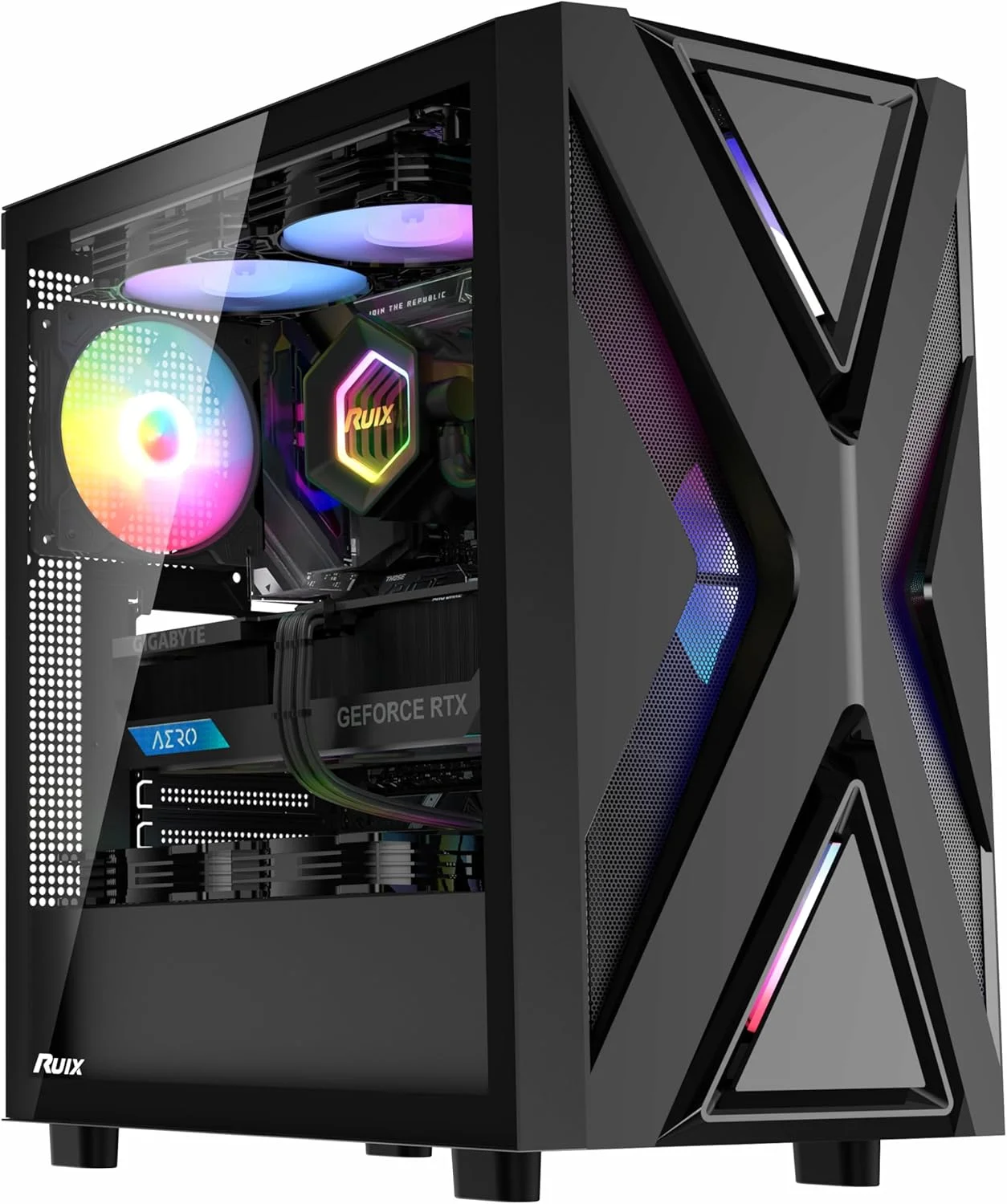 کیس کامپیوتر RUIX CV203 ATX Mid-Tower، دارای 4 فن 120 میلی‌متری RGB از پیش نصب شده، نورپردازی رنگی RGB، شیشه حرارت دیده، USB 3.0، چند منظوره، جریان هوای بالا - مشکی