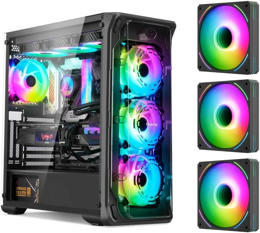 کیس کامپیوتر گیمینگ SEGOTEP LUX 360 - EATX/ATX با پنل طراحی حلقه سه بعدی - سازگار با خنک کننده مایع AIO 240mm/280mm/360mm و کارت گرافیک عمودی - پنل های اکریلیک - شامل سه فن ARGB - رنگ مشکی