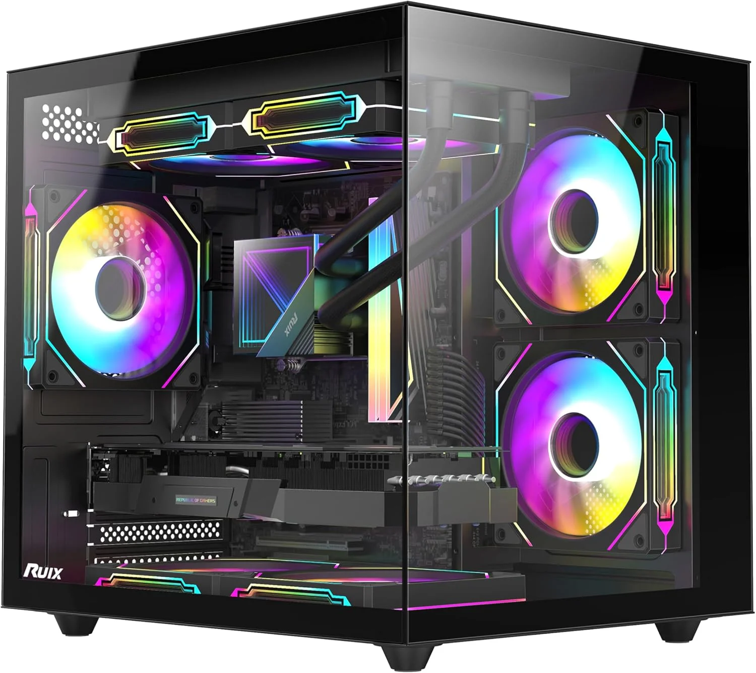کیس کامپیوتر مینی تاور RUIX OV502 M-ATX، دارای 3 فن 120 میلی‌متری Prism ARGB PWM از پیش نصب شده، پنل شیشه‌ای حرارت دیده پانوراما 180 درجه، پورت‌های USB 3.0، کیس کامپیوتر گیمینگ جمع و جور با جریان هوای بالا - مشکی