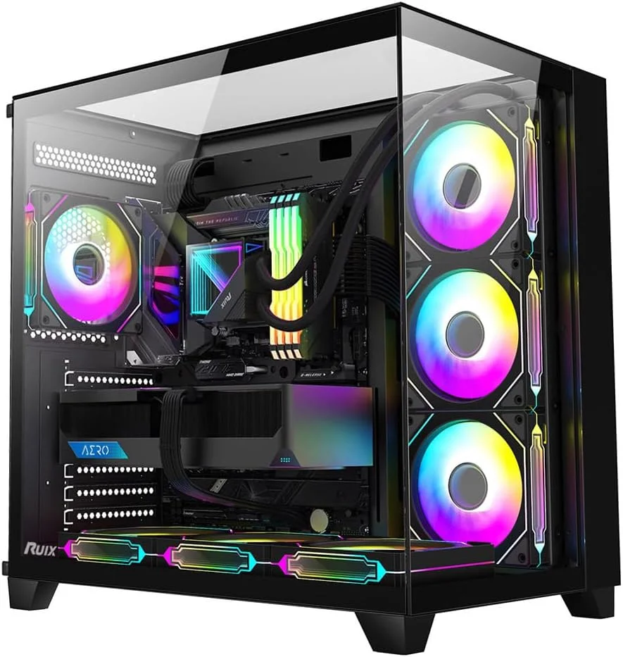 کیس کامپیوتر RUIX OV403 ATX Mid-Tower، دارای 4 فن 120 میلی‌متری Prism ARGB PWM از پیش نصب شده و نگهدارنده کارت گرافیک، پنل‌های شیشه‌ای حرارت دیده سه طرفه، پورت‌های USB 3.0 و Type-C، کیس کامپیوتر گیمینگ - مشکی