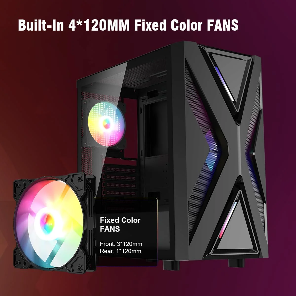 کیس کامپیوتر RUIX CV203 ATX Mid-Tower، دارای 4 فن 120 میلی‌متری RGB از پیش نصب شده، نورپردازی رنگی RGB، شیشه حرارت دیده، USB 3.0، چند منظوره، جریان هوای بالا - مشکی