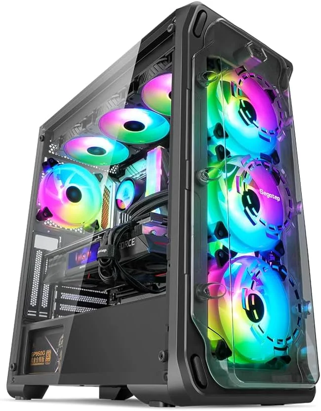 کیس کامپیوتر گیمینگ SEGOTEP LUX 360 - EATX/ATX با پنل طراحی حلقه سه بعدی - سازگار با خنک کننده مایع AIO 240mm/280mm/360mm و کارت گرافیک عمودی - پنل های اکریلیک - شامل سه فن ARGB - رنگ مشکی