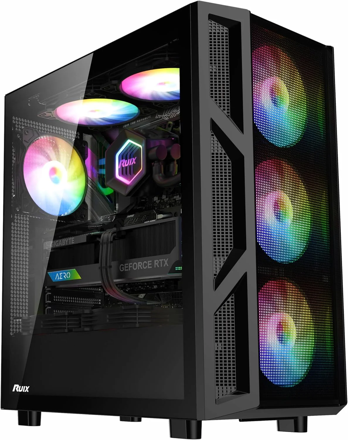 کیس کامپیوتر RUIX CV103 ATX Mid-Tower، دارای 4 فن 120 میلی‌متری RGB از پیش نصب شده، نورپردازی رنگی RGB، شیشه حرارت دیده، USB 3.0، کیس کامپیوتر گیمینگ، جریان هوای بالا - مشکی