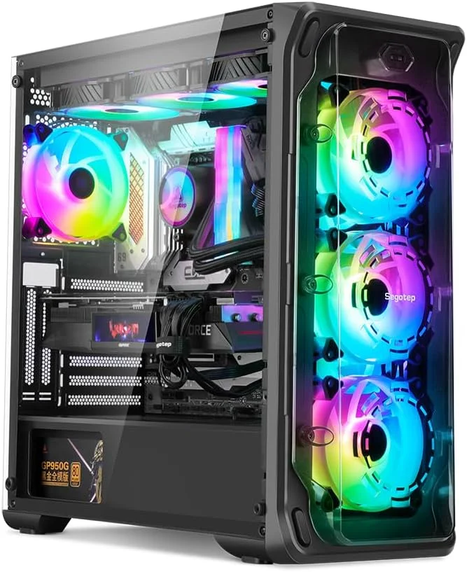 کیس کامپیوتر گیمینگ SEGOTEP LUX 360 - EATX/ATX با پنل طراحی حلقه سه بعدی - سازگار با خنک کننده مایع AIO 240mm/280mm/360mm و کارت گرافیک عمودی - پنل های اکریلیک - شامل سه فن ARGB - رنگ مشکی