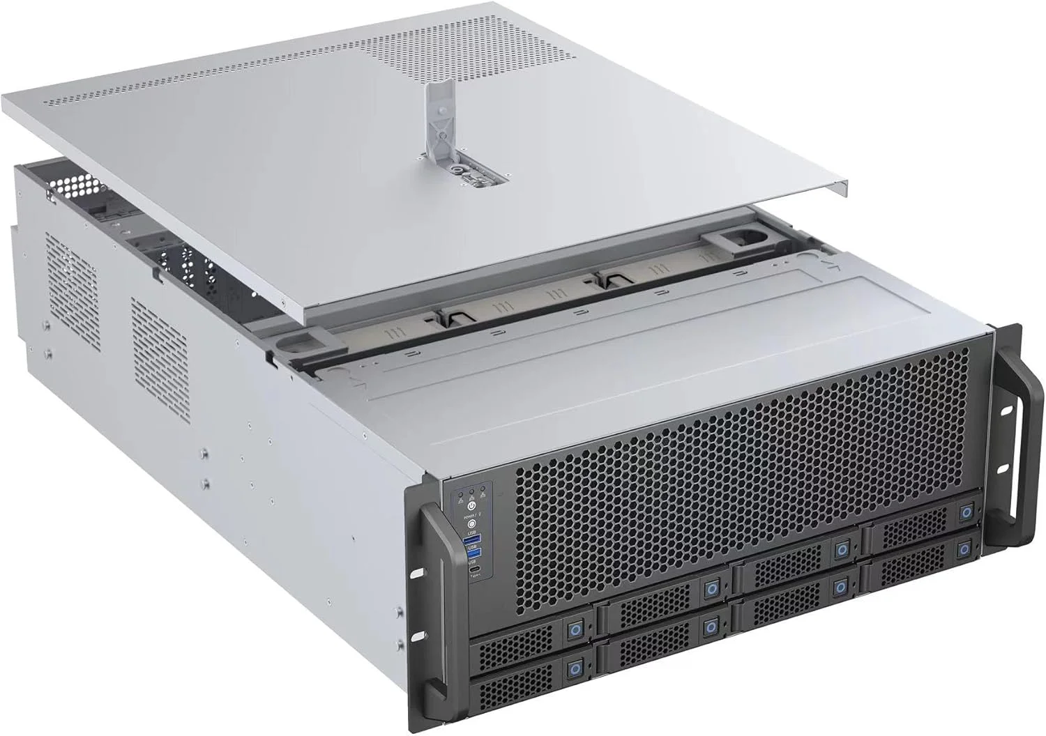 کیس شاسی سرور 4U Rosewill | پشتیبانی از حداکثر 4 کارت گرافیک | 8 عدد هارد 3.5/2.5 اینچی SATA/SAS با قابلیت تعویض سریع تا 12 گیگابیت بر ثانیه | سازگار با E-ATX | 3 عدد فن 12038 با قابلیت تعویض سریع، 2 عدد فن 8038 در پشت | USB 3.2 Type-C | همراه با کیت ریل - RSV-AI01