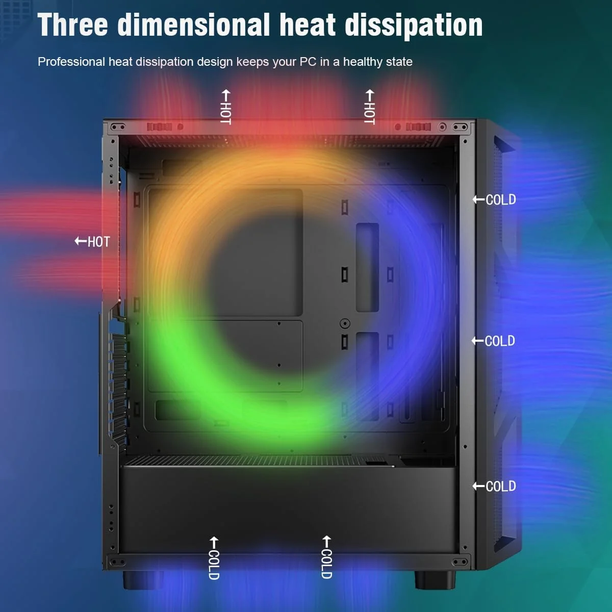 کیس کامپیوتر RUIX CV103 ATX Mid-Tower، دارای 4 فن 120 میلی‌متری RGB از پیش نصب شده، نورپردازی رنگی RGB، شیشه حرارت دیده، USB 3.0، کیس کامپیوتر گیمینگ، جریان هوای بالا - مشکی