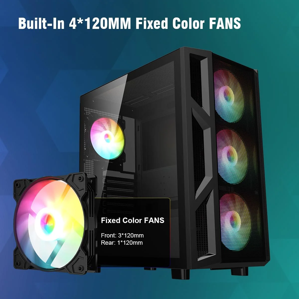 کیس کامپیوتر RUIX CV103 ATX Mid-Tower، دارای 4 فن 120 میلی‌متری RGB از پیش نصب شده، نورپردازی رنگی RGB، شیشه حرارت دیده، USB 3.0، کیس کامپیوتر گیمینگ، جریان هوای بالا - مشکی