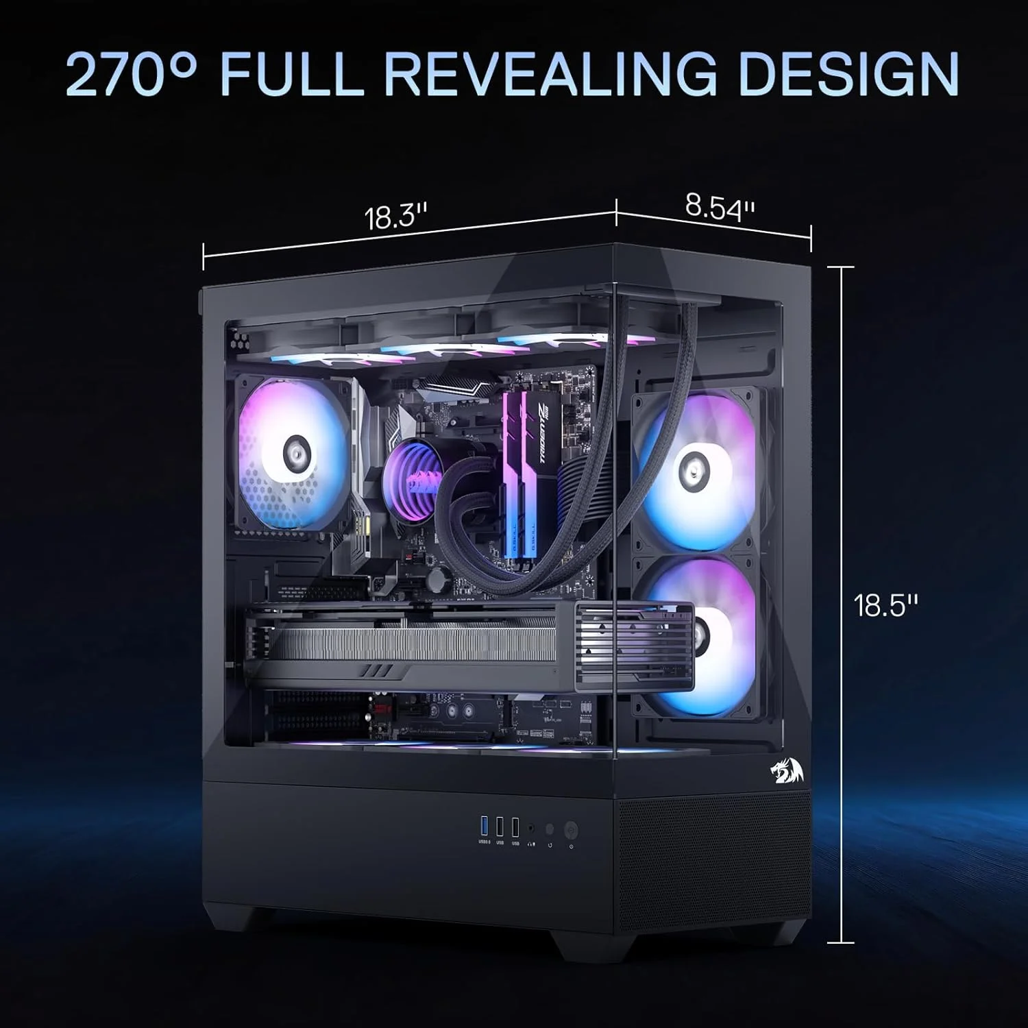 کیس کامپیوتر Redragon CA606 مخصوص بازی، شاسی ATX با 3 فن 120 میلی‌متری از پیش نصب‌شده و پنل‌های سوراخ‌دار با جریان هوای بالا، نمای کامل 270 درجه، مدیریت آسان کابل، مشکی