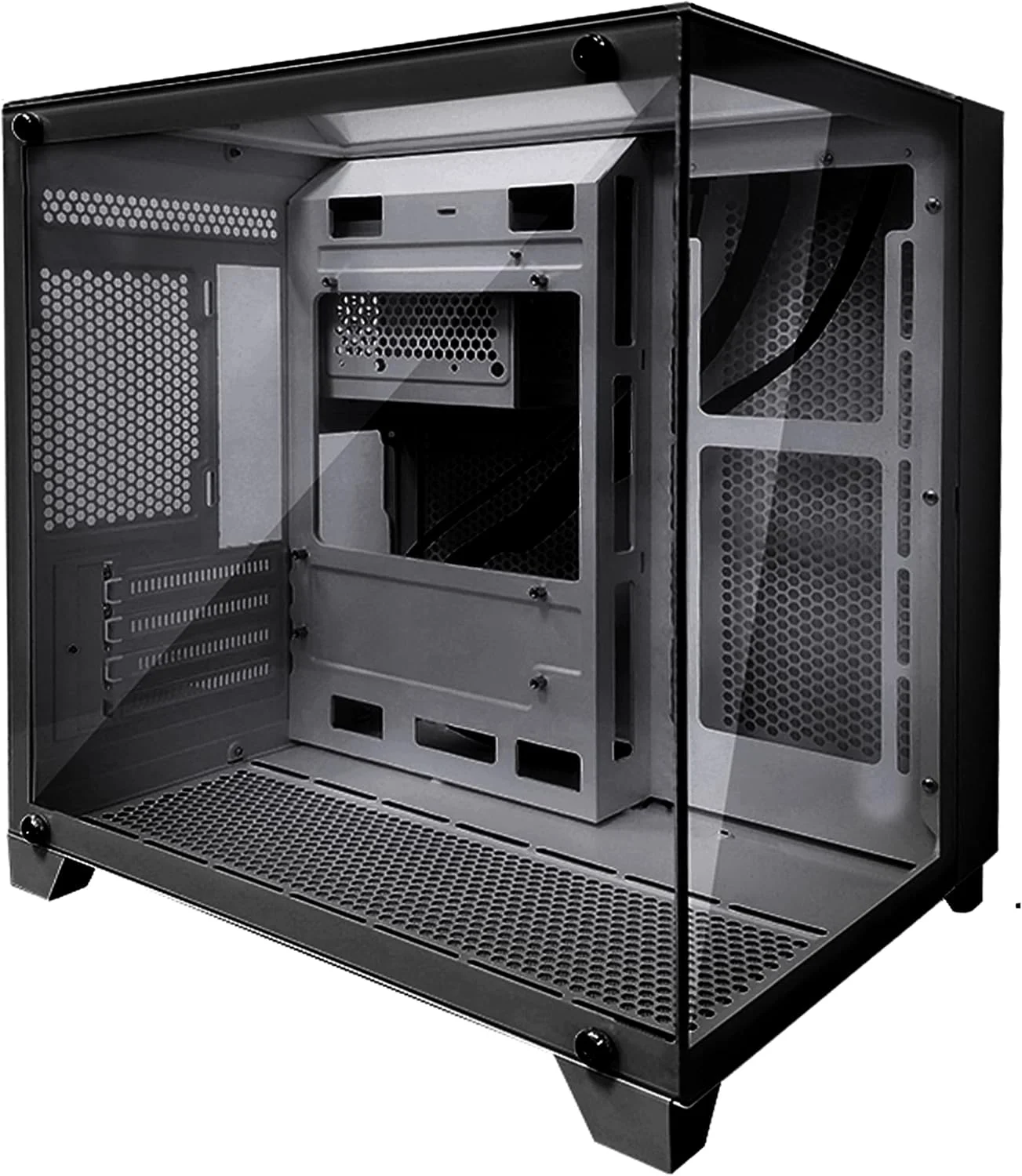 کیس کامپیوتر گیمینگ M-ATX/ITX، دارای 5 جایگاه فن، شیشه حرارت دیده، Mid Tower با Type C و USB 3.0، پشتیبانی از رادیاتور 360 میلی‌متری، مدیریت کابل، جریان هوای بالا، مشکی (بدون فن)