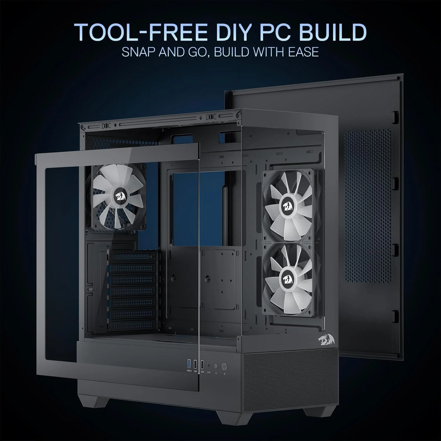 کیس کامپیوتر Redragon CA606 مخصوص بازی، شاسی ATX با 3 فن 120 میلی‌متری از پیش نصب‌شده و پنل‌های سوراخ‌دار با جریان هوای بالا، نمای کامل 270 درجه، مدیریت آسان کابل، مشکی