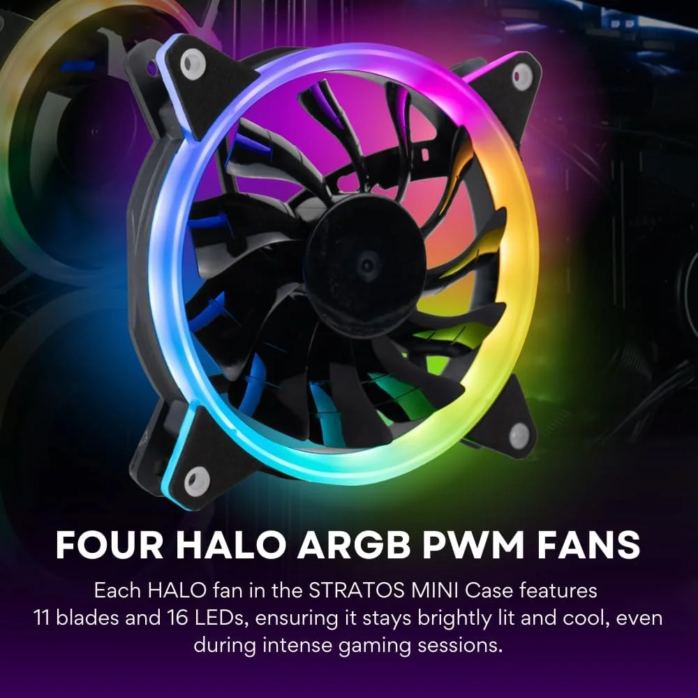 کیس کامپیوتر گیمینگ Stratos Mini ITX mobo, SFX PSU (رایزر PCIe 4.0 و 4 فن ARGB 600-2000rpm PWM از قبل نصب شده با نرم افزار حالت دوگانه 3 پین 5 ولت + کنترل از راه دور با پشتیبانی از AIO 240mm و GPU 347x55x125mm)