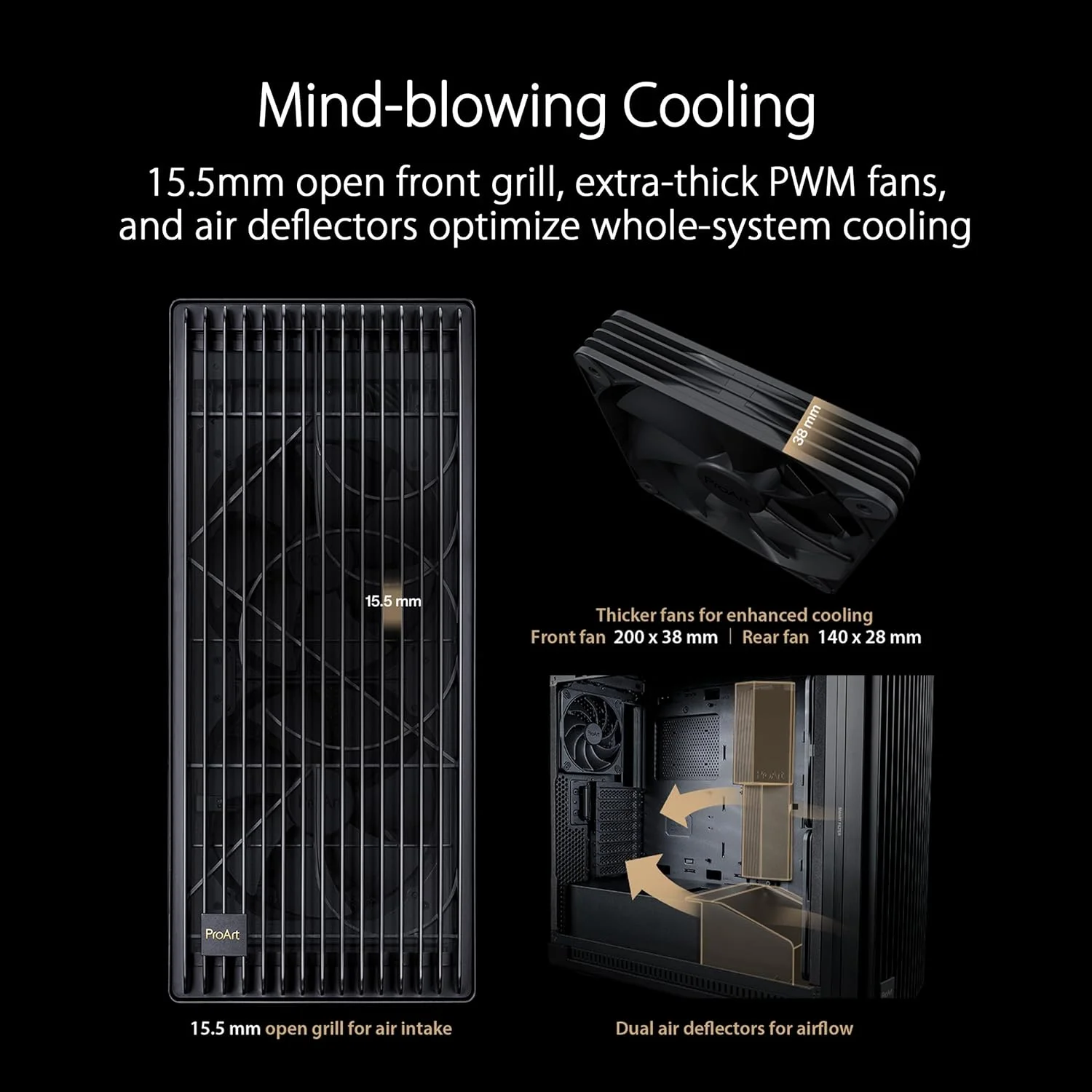 کیس کامپیوتر ASUS ProArt PA602 E-ATX با پشتیبانی از رادیاتور 420 میلی‌متری، دو فن داخلی 200 میلی‌متری، نشانگر گرد و غبار IR پنل جلویی، قفل پاور، نصب PCIe بدون ابزار و نگهدارنده کارت گرافیک، پورت USB-C 20 گیگابیت بر ثانیه در پنل جلویی