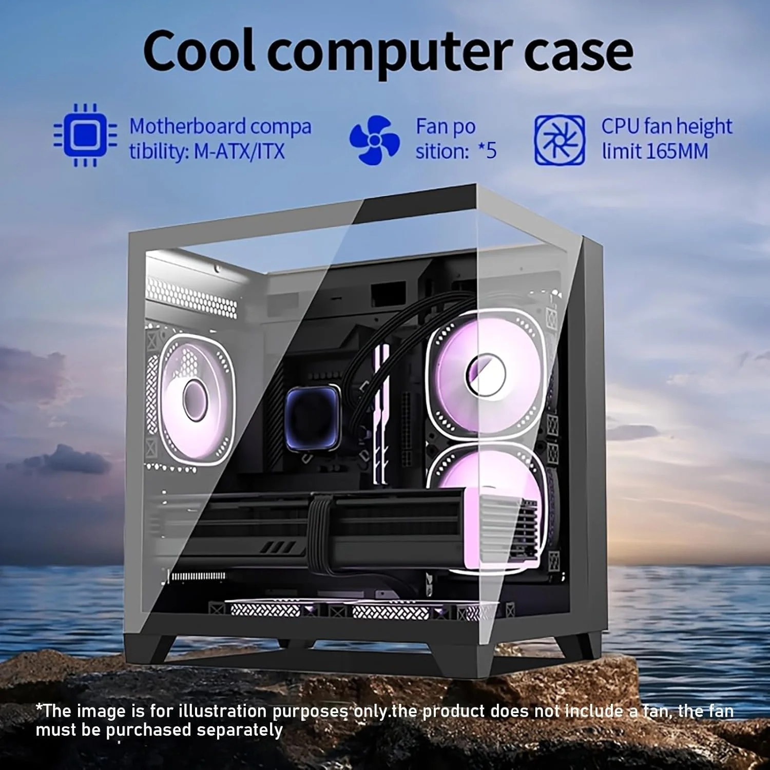 کیس کامپیوتر گیمینگ M-ATX/ITX، دارای 5 جایگاه فن، شیشه حرارت دیده، Mid Tower با Type C و USB 3.0، پشتیبانی از رادیاتور 360 میلی‌متری، مدیریت کابل، جریان هوای بالا، مشکی (بدون فن)