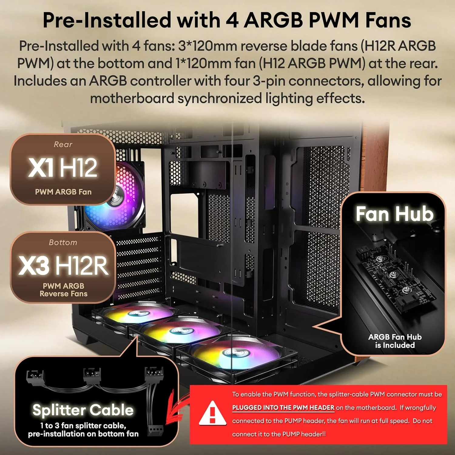 کیس کامپیوتر چوبی گردو اصل، دارای ۴ فن ۱۲۰ میلی‌متری ARGB و PWM از پیش نصب شده، پورت Type-C، پنل کناری شیشه ای حرارت دیده با نمای پانوراما، مشکی، کیس ATX، Mid-Tower، Mirage 6