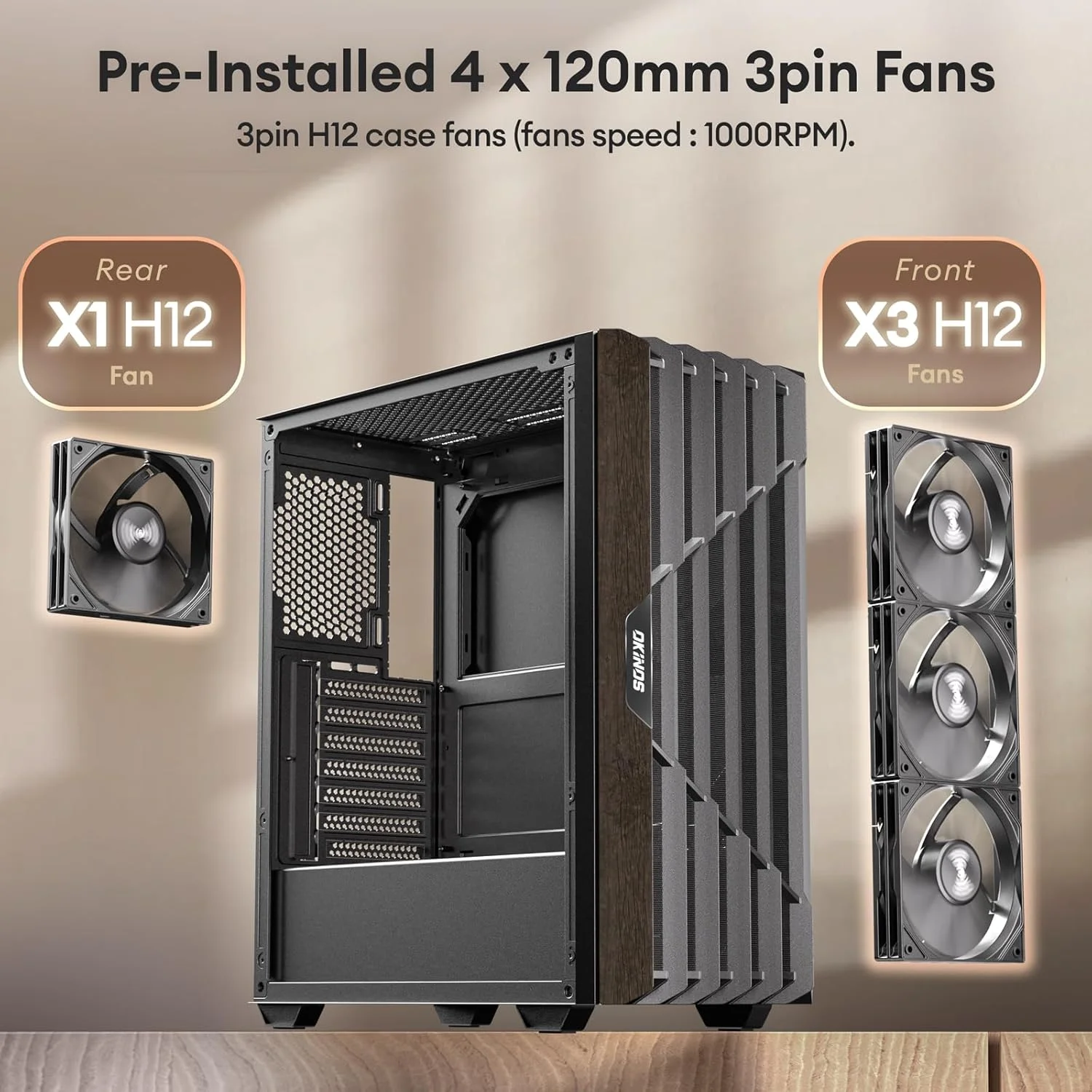 کیس کامپیوتر ATX چوبی بلوط، 4 عدد فن 120 میلی متری 3 پین بدون PWM از پیش نصب شده، پورت Type-C، پنل جانبی شیشه ای حرارت دیده، کیس کامپیوتر Mid-Tower مشکی، Cypress 5 AIR