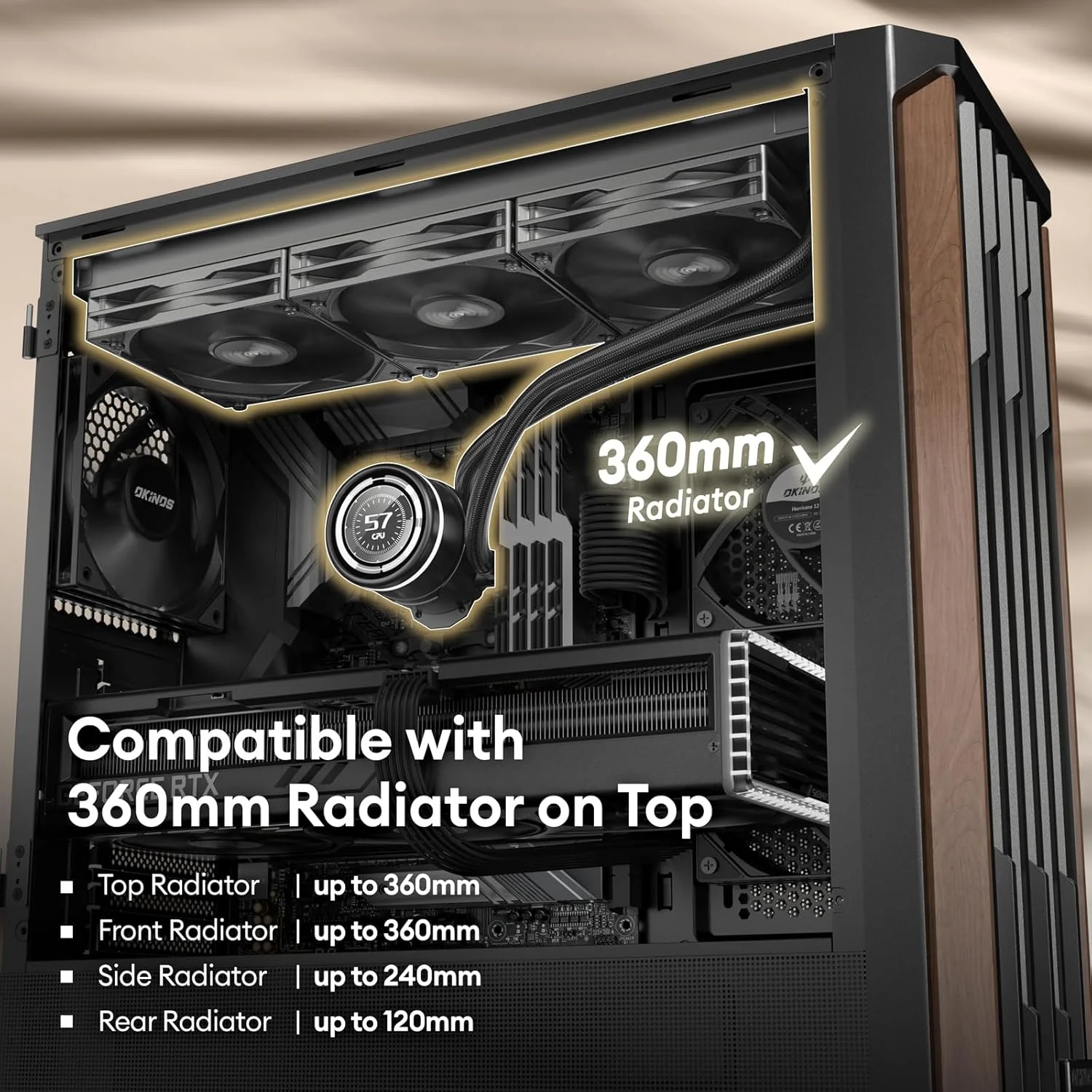 کیس کامپیوتر چوبی گردو اصل، پشتیبانی از رادیاتور 360 میلی‌متری در بالا، دارای 4 فن 120 میلی‌متری PWM از پیش نصب شده، پورت Type-C، پنل جانبی شیشه ای حرارت دیده مغناطیسی، کیس کامپیوتر مشکی، Cypress 7