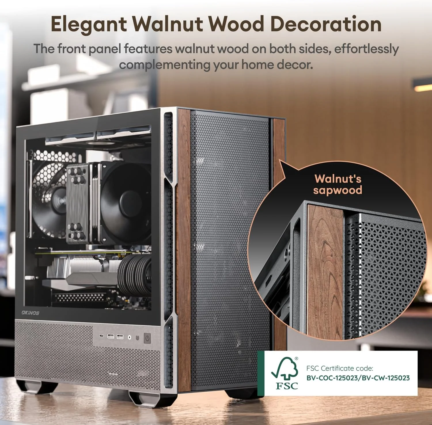 کیس Micro ATX چوبی گردوی اصل، کیس کامپیوتر MATX با ۴ عدد فن ۱۲۰ میلی متری ۳ پین غیر PWM از پیش نصب شده، پنل جانبی شیشه ای حرارت دیده، با Type-C، مشکی، Cypress 3 Wood