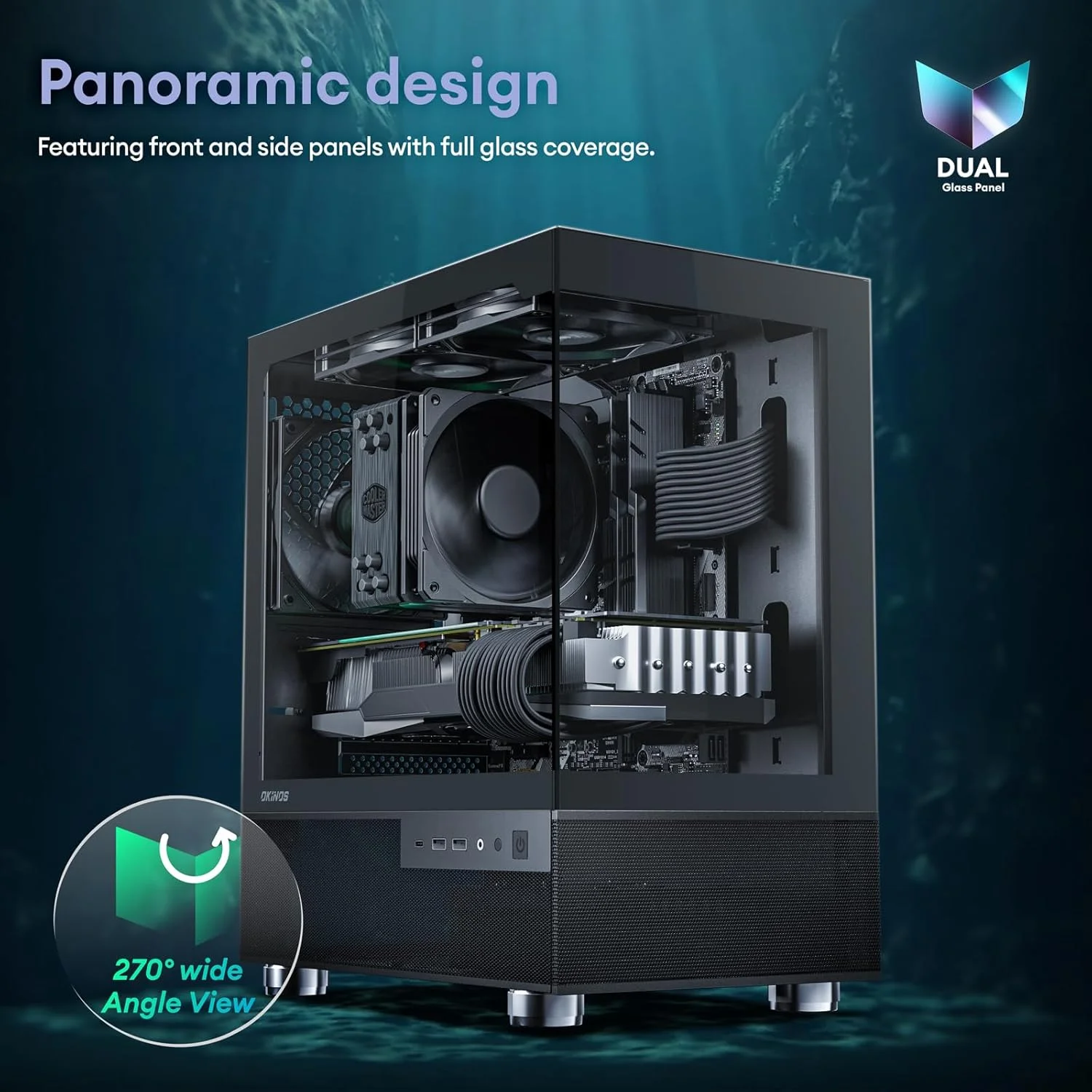 کیس Micro ATX آکوا 3 ایر، کیس کامپیوتر MATX با 3 فن 120 میلی‌متری 3 پین غیر PWM (بدون ARGB) از پیش نصب شده، نمای پانوراما پنل جلویی و جانبی شیشه حرارت دیده، دارای پورت Type C، مشکی