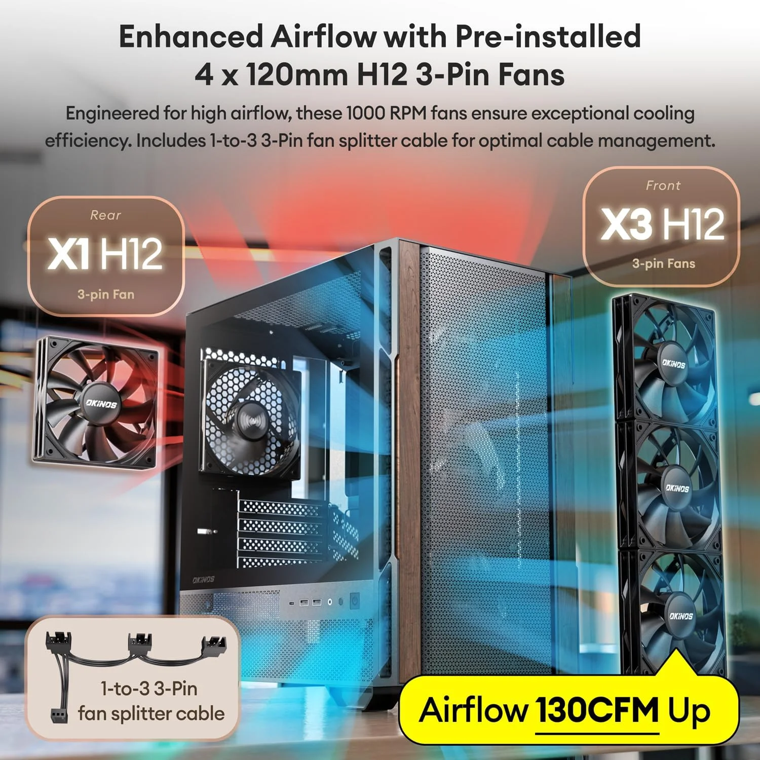 کیس Micro ATX چوبی گردوی اصل، کیس کامپیوتر MATX با ۴ عدد فن ۱۲۰ میلی متری ۳ پین غیر PWM از پیش نصب شده، پنل جانبی شیشه ای حرارت دیده، با Type-C، مشکی، Cypress 3 Wood