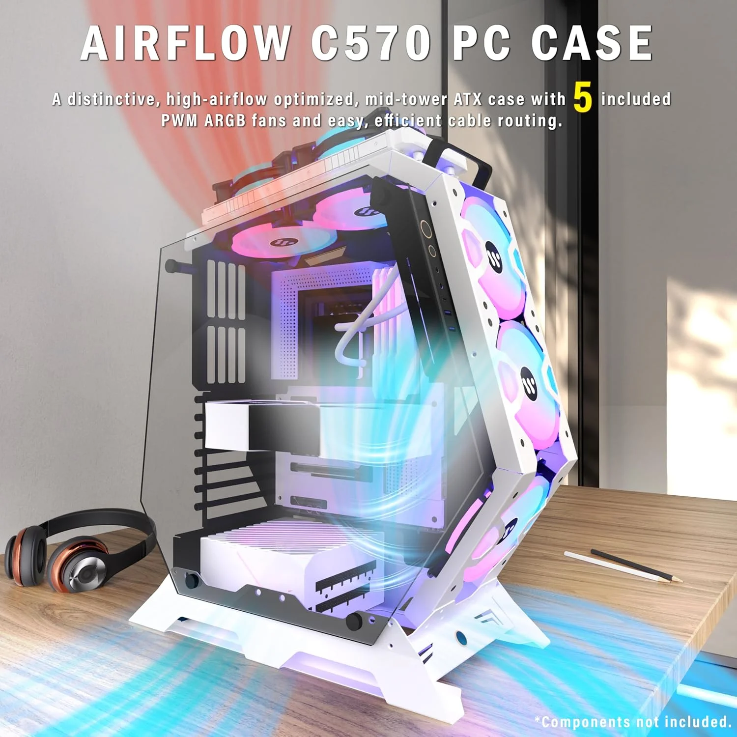 کیس کامپیوتر KEDIERS C570 Mid Tower با شیشه حرارت دیده، دارای 5 فن PWM ARGB از پیش نصب شده، کیس فریم باز گیمینگ با پورت Type-C و رادیاتور 240 میلی متری، سفید