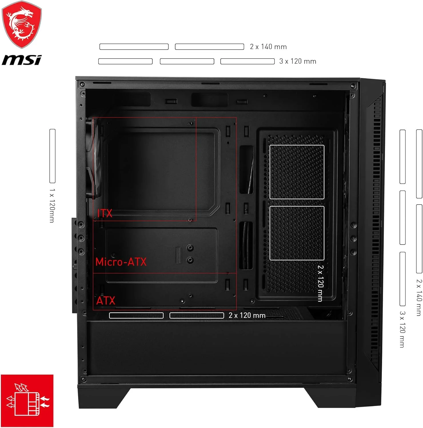 کیس کامپیوتر گیمینگ میان برج MSI MAG Forge 321R Airflow - پنل کناری شیشه حرارت دیده - فن های ARGB 120mm - پشتیبانی از خنک کننده مایع تا رادیاتور 360mm - پنل جلویی دارای تهویه