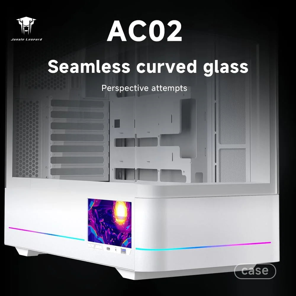 کیس کامپیوتر گیمینگ دیجیتال ATX مدل Jungle Leopard AC-02 | دارای صفحه نمایش LCD یکپارچه 5.5 اینچی و اپلیکیشن | Mid Tower با پنل شیشه ای دوگانه تقویت شده با نمای کامل | پنل های جانبی قابل جابجایی | برای Micro-ATX ITX (سفید)