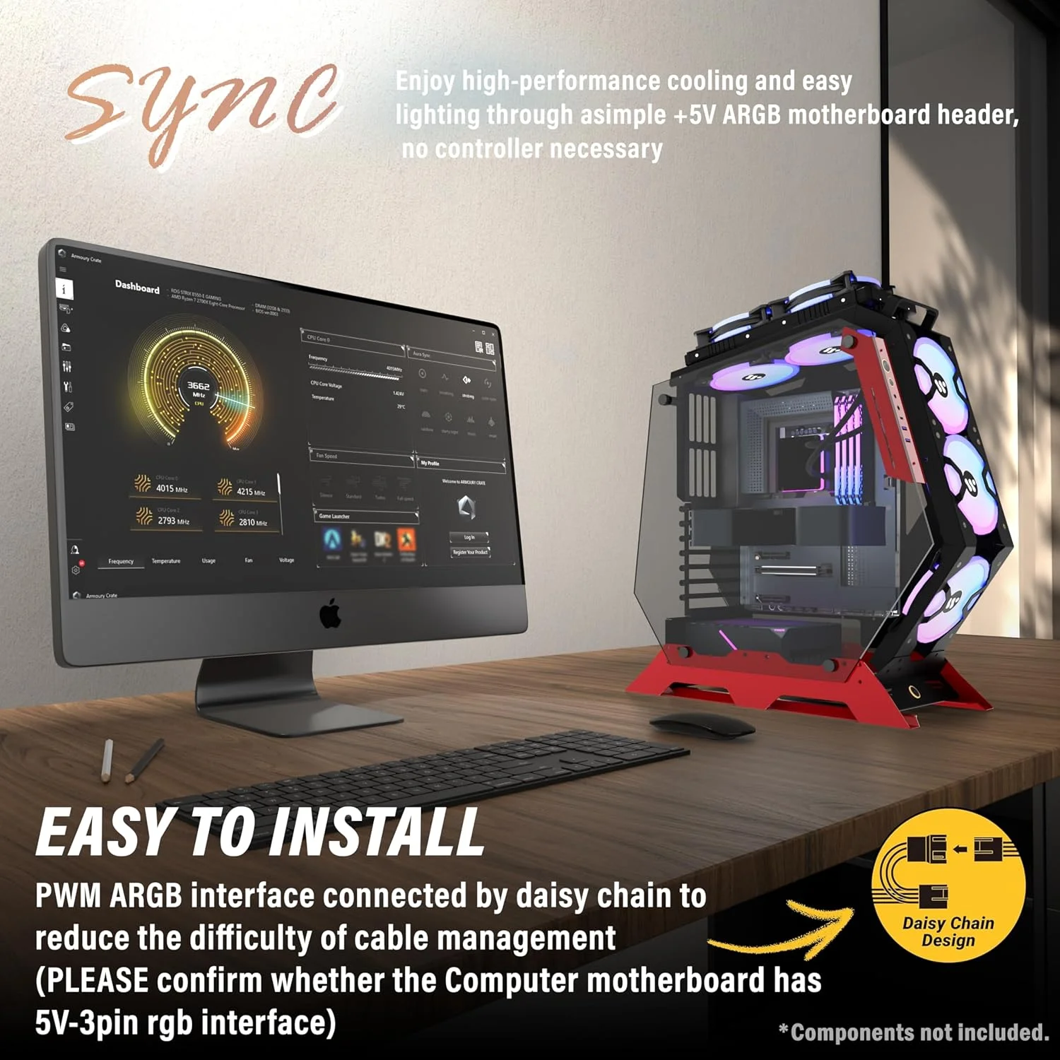 کیس کامپیوتر KEDIERS مدل C570 ATX Mid Tower با شیشه حرارت دیده، کیس فریم باز مخصوص بازی با 5 فن PWM ARGB (570 قرمز)