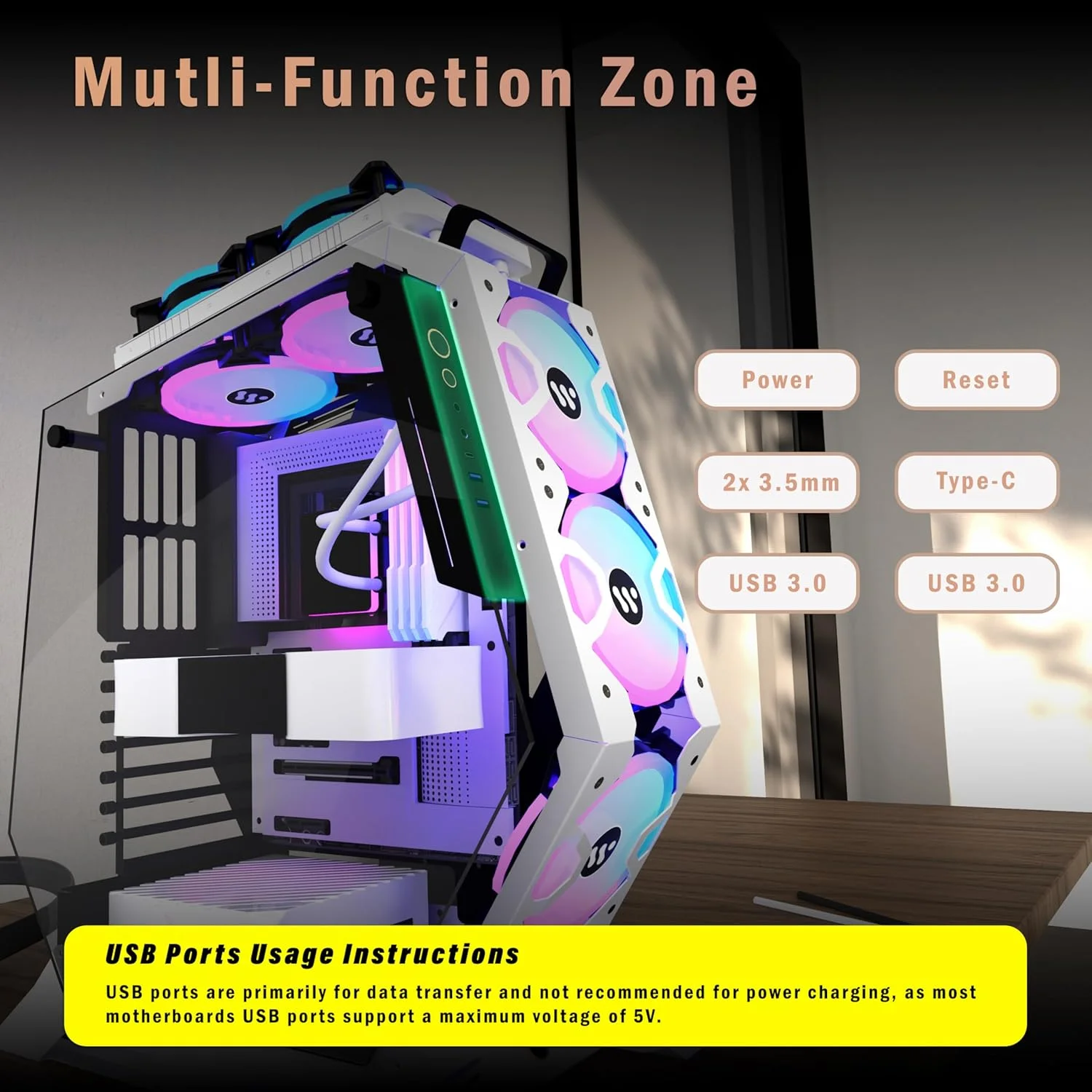 کیس کامپیوتر KEDIERS C570 Mid Tower با شیشه حرارت دیده، دارای 5 فن PWM ARGB از پیش نصب شده، کیس فریم باز گیمینگ با پورت Type-C و رادیاتور 240 میلی متری، سفید