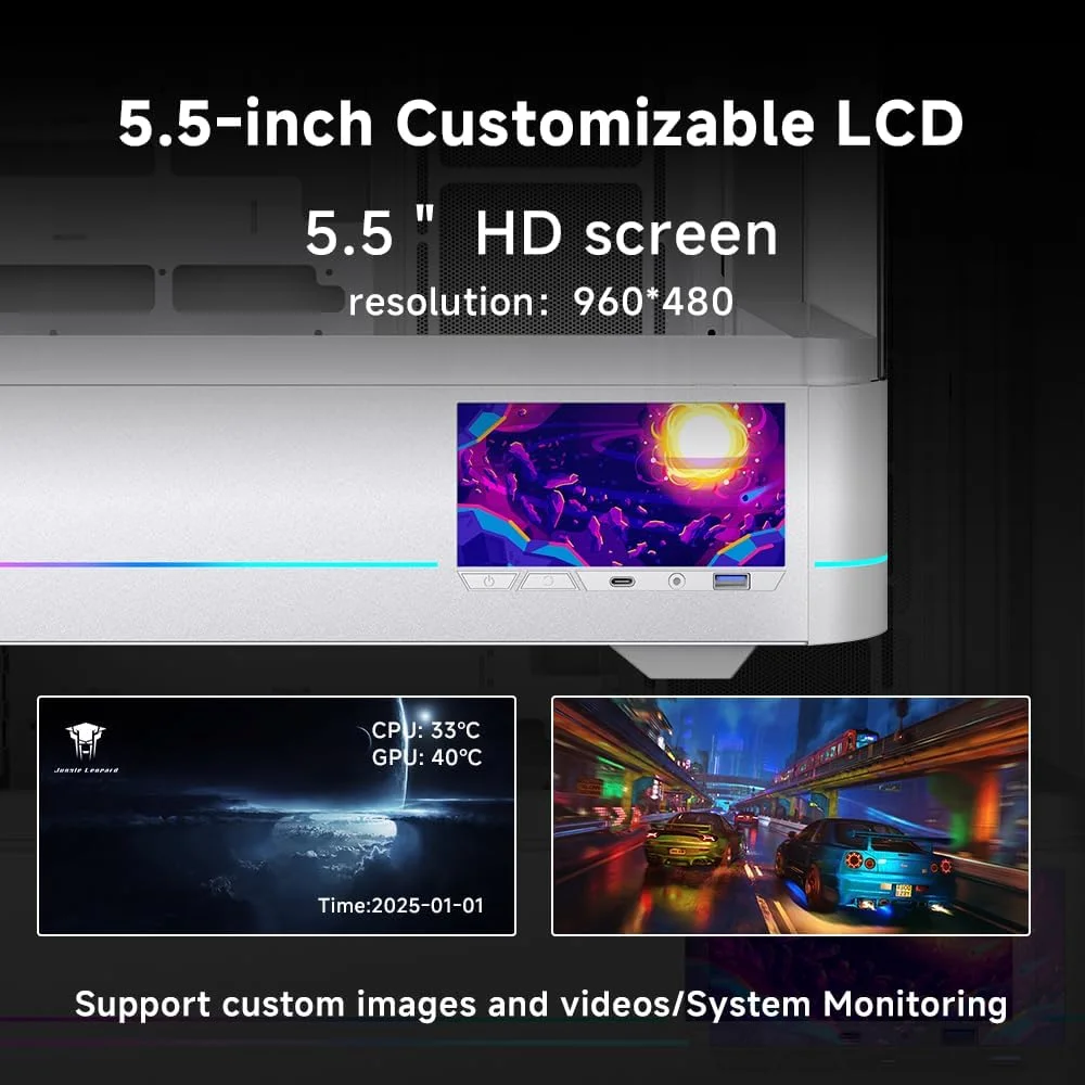 کیس کامپیوتر گیمینگ دیجیتال ATX مدل Jungle Leopard AC-02 | دارای صفحه نمایش LCD یکپارچه 5.5 اینچی و اپلیکیشن | Mid Tower با پنل شیشه ای دوگانه تقویت شده با نمای کامل | پنل های جانبی قابل جابجایی | برای Micro-ATX ITX (سفید)