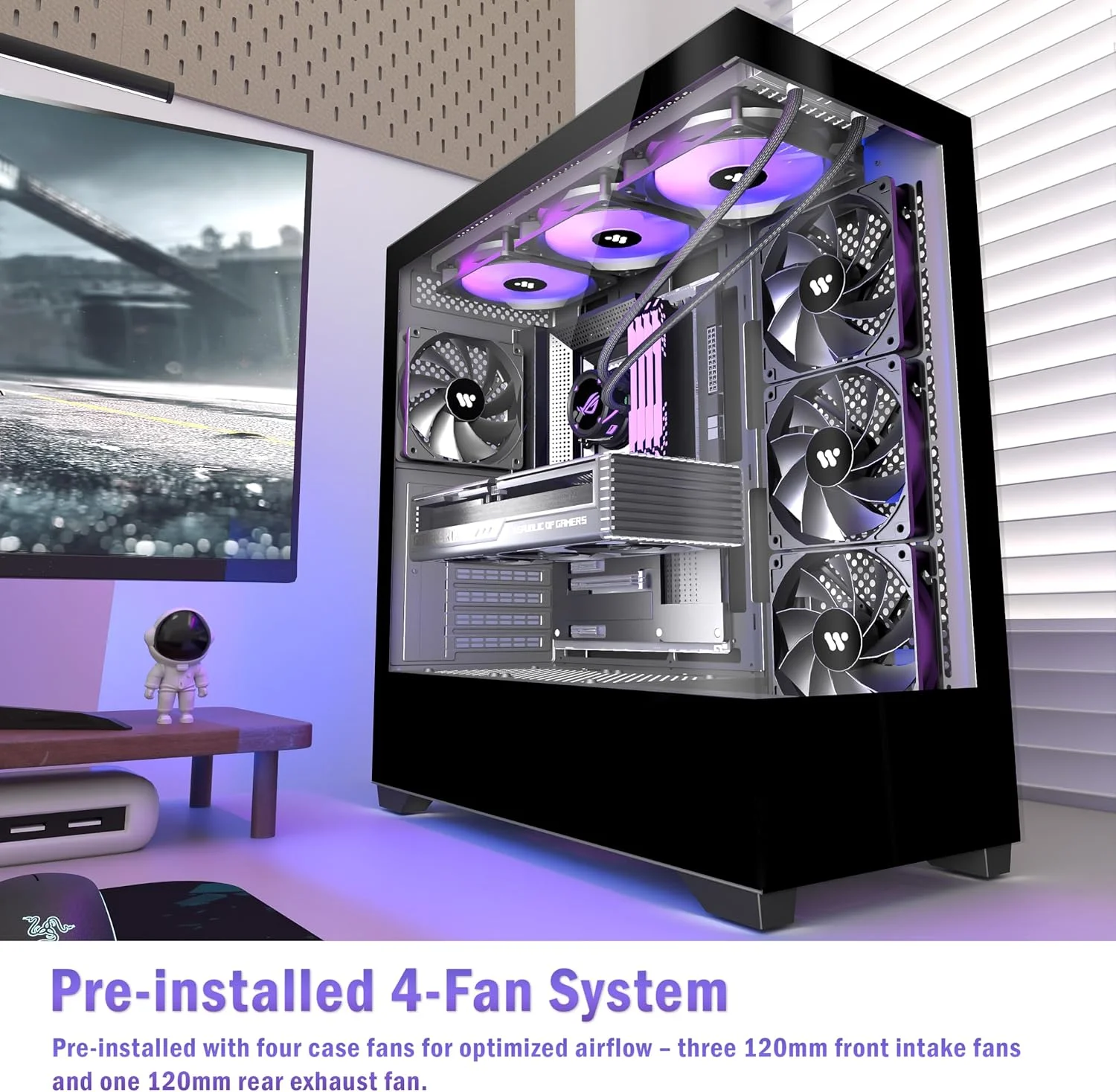 کیس کامپیوتر KEDIERS ATX با 4 فن از پیش نصب شده، کیس مید تاور کامپیوتر Type-C با شیشه حرارت دیده دوگانه با نمای کامل، کیس کامپیوتر گیمینگ، مشکی، P4